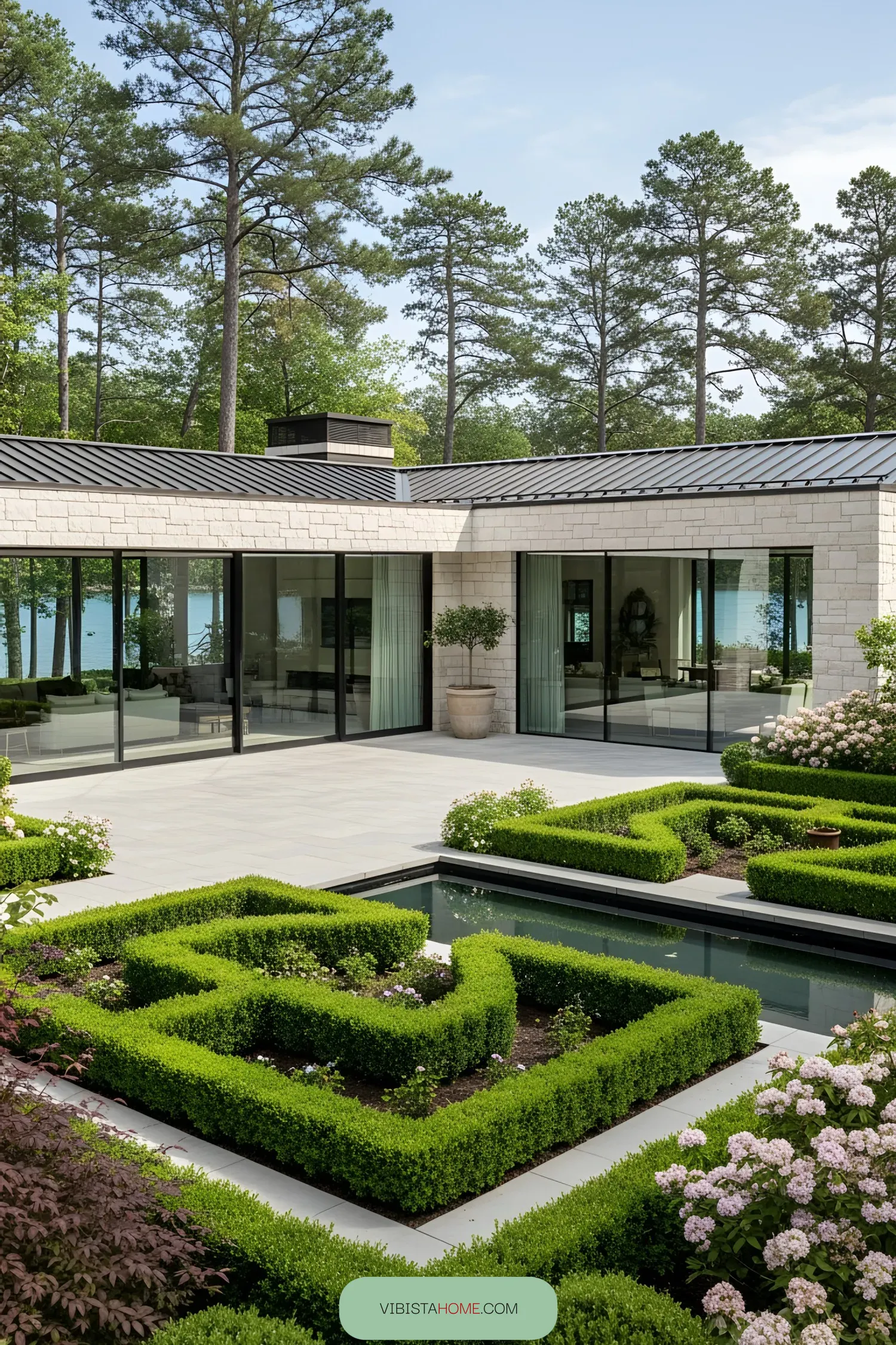Elegant lake house with manicured gardens and modern design