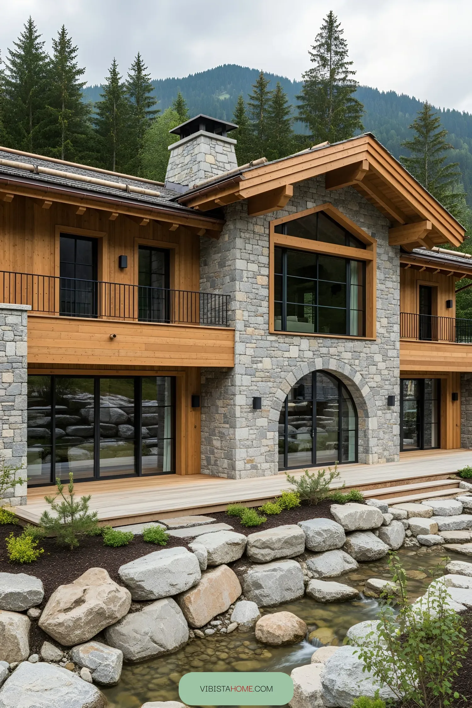 Stone chalet nestled against a forest backdrop
