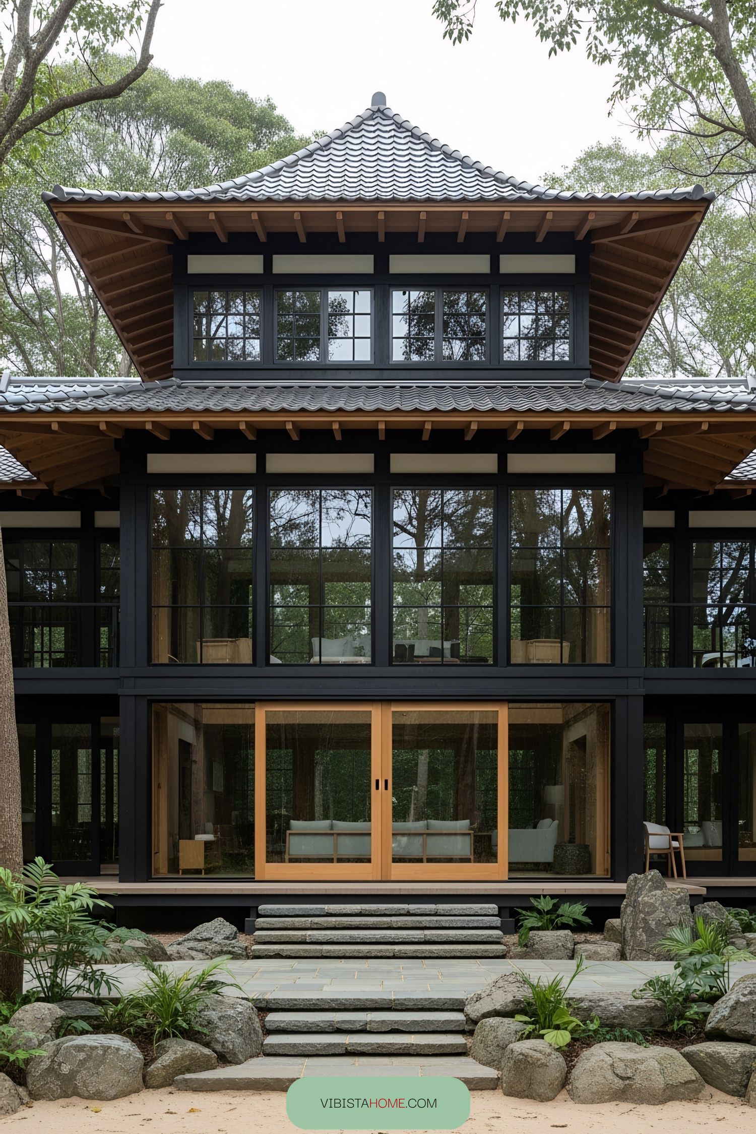 Modern Japanese house with wooden and glass features