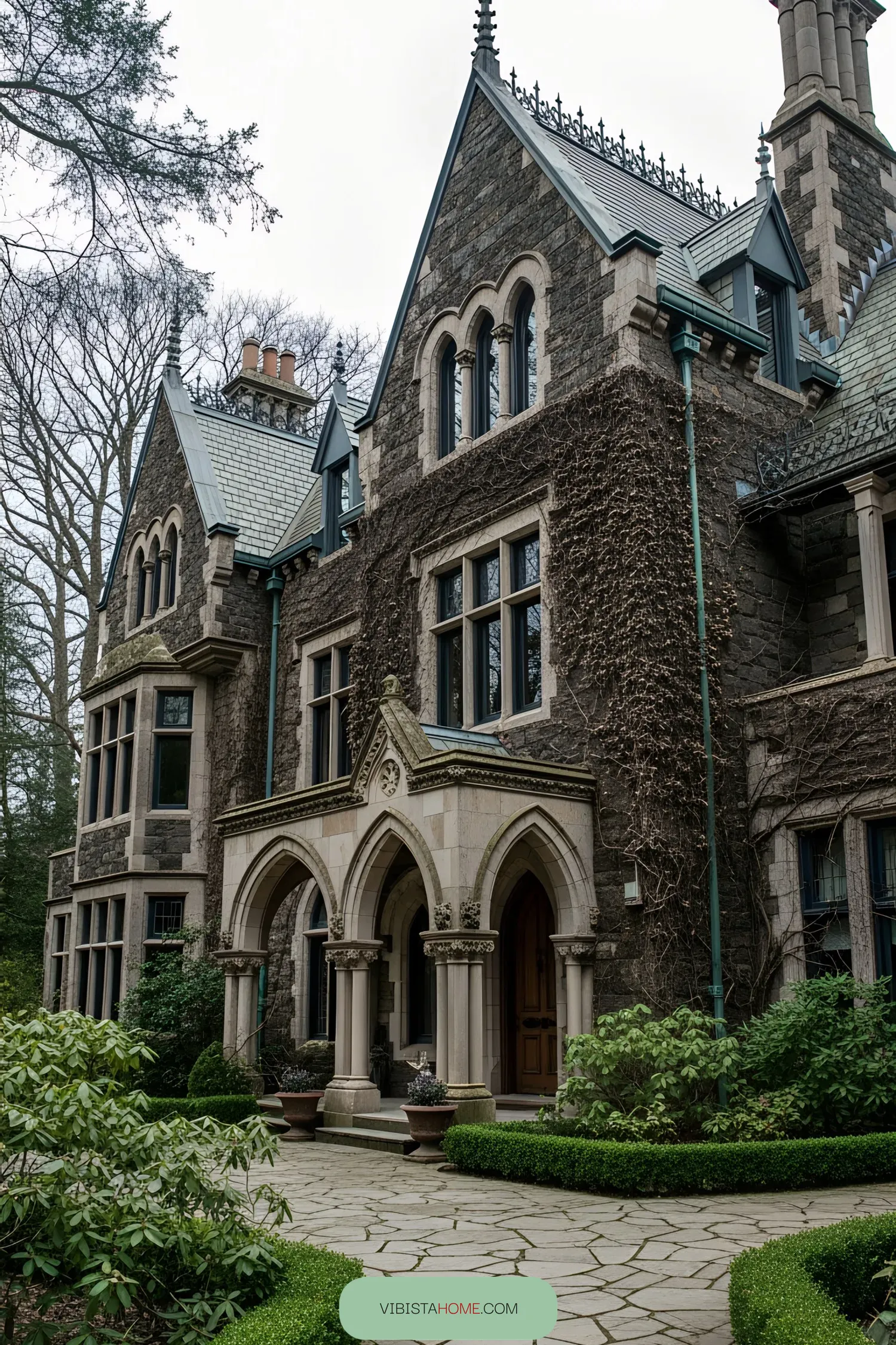 Dark Victorian house with arched entrance and ivy-covered stone walls