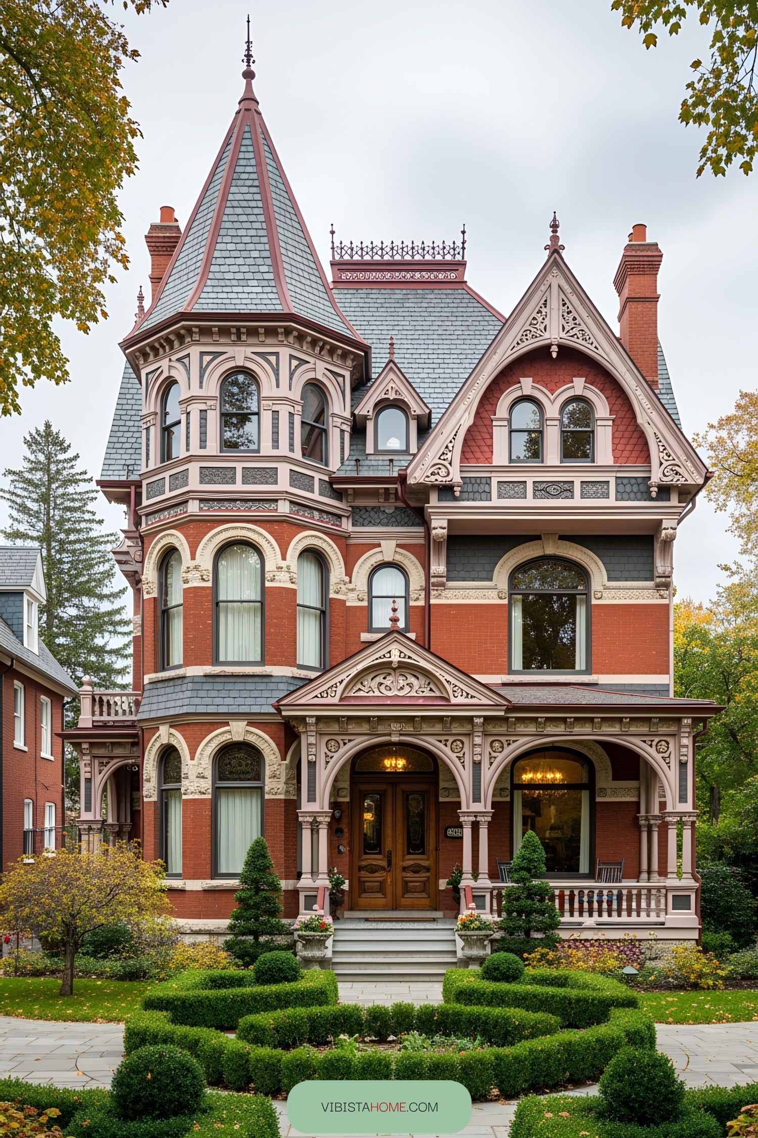 Victorian house with detailed architecture and lush garden