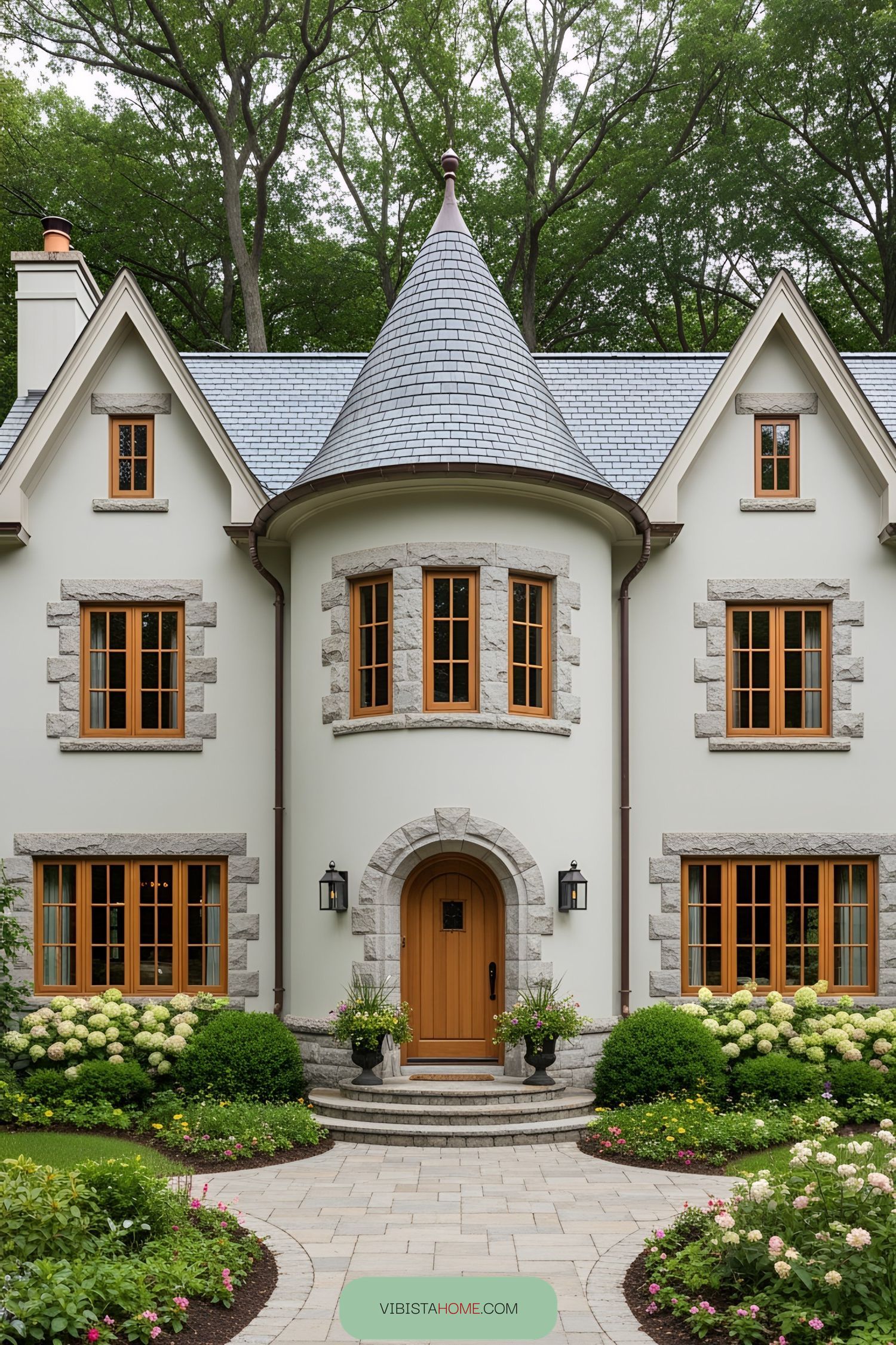 Victorian cottage with large turret and lush garden
