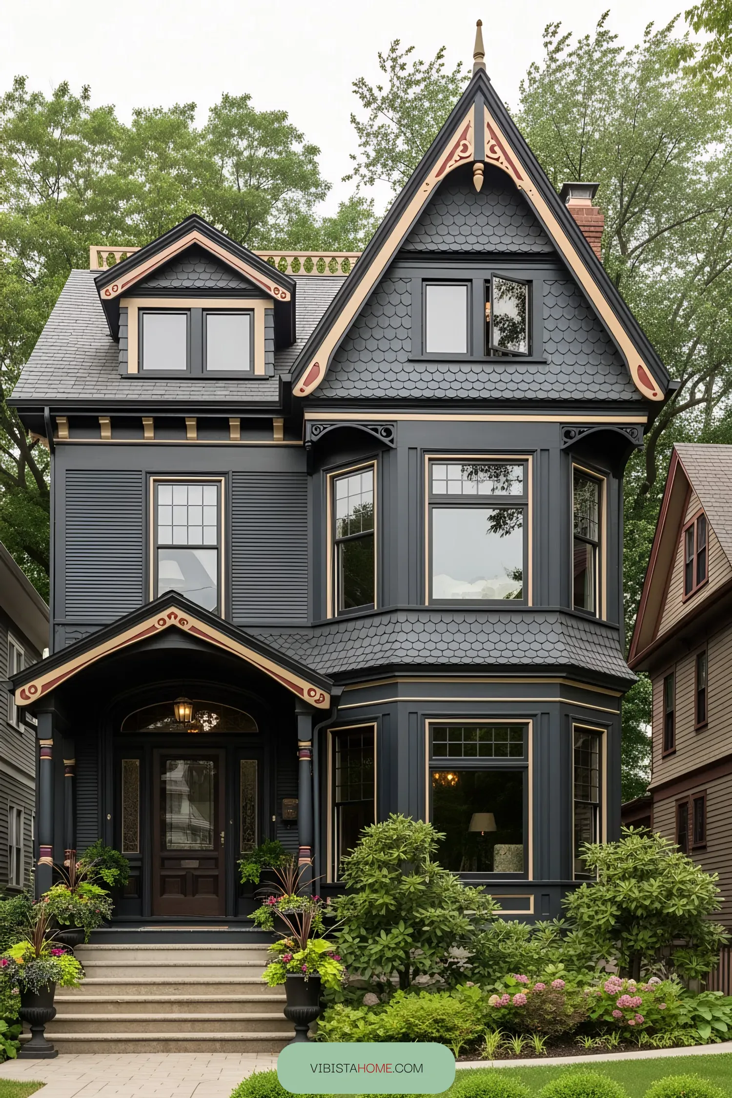 Elegant black Victorian house with detailed trim