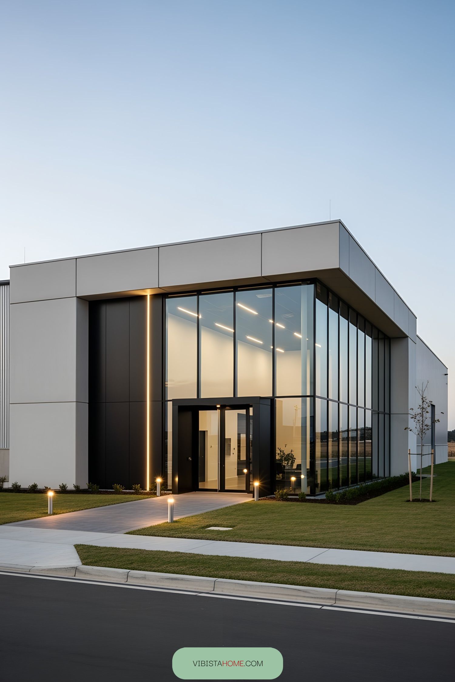 Industrial building with sleek glass facade and neat lawn