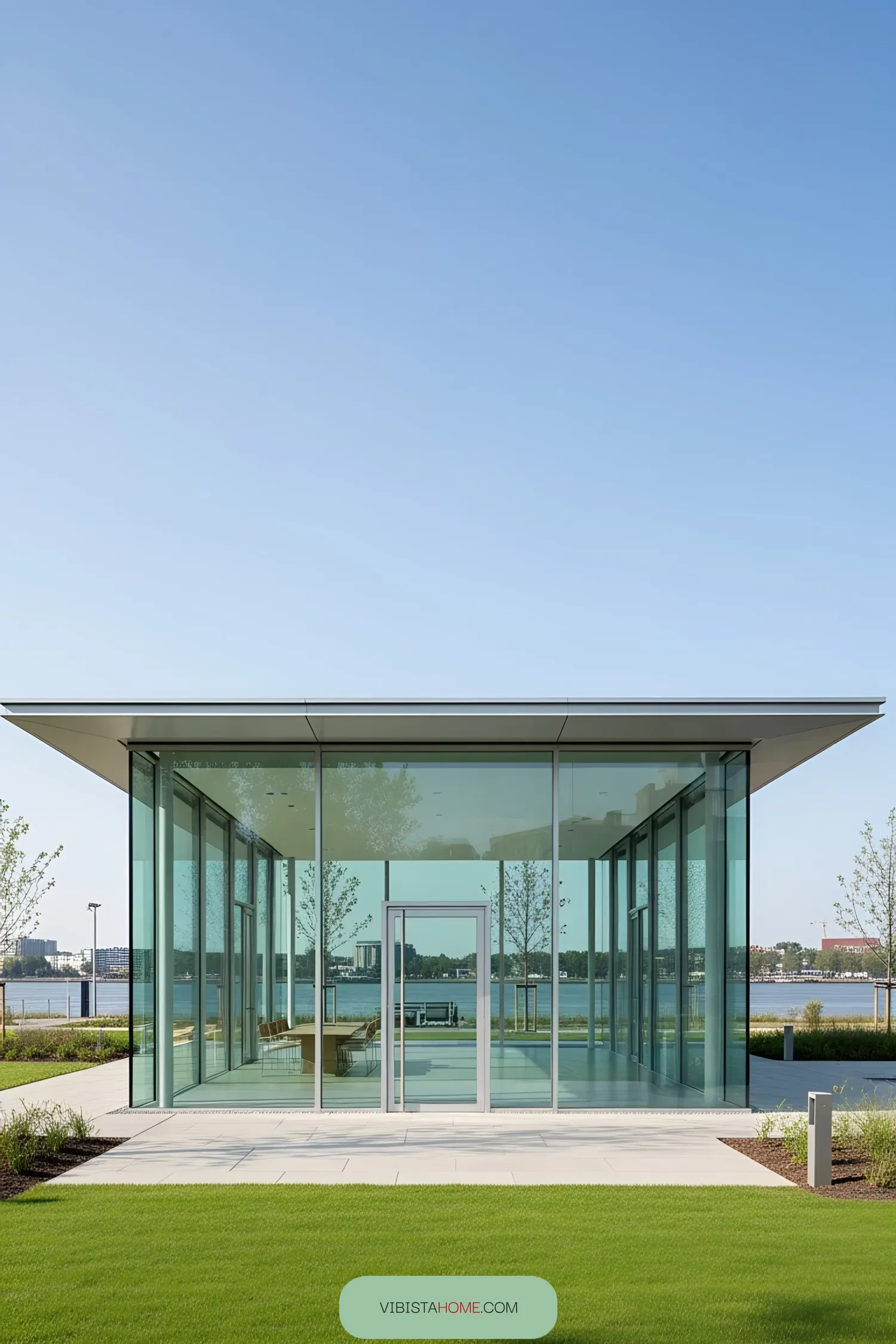 Modern glass pavilion with a lake view