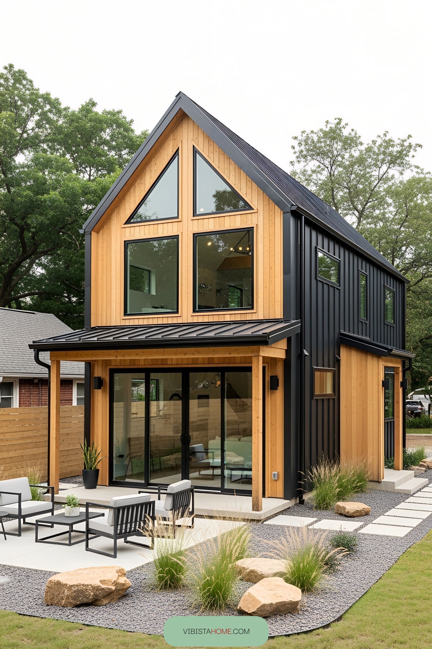 Unique small barndominium with sleek wood and metal design