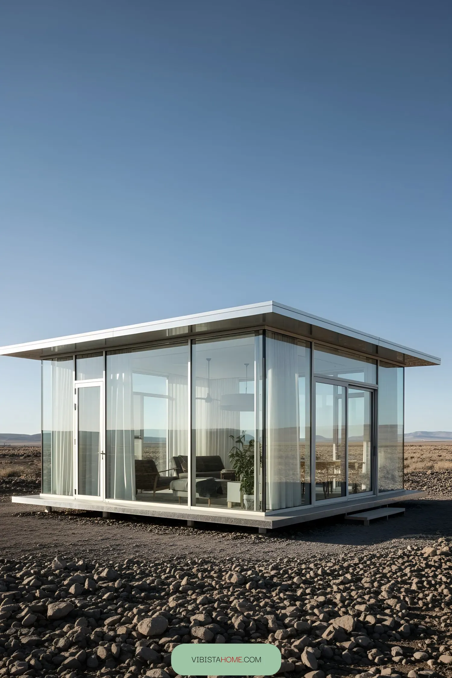 Modern glass pavilion with sheer curtains in a rocky desert landscape