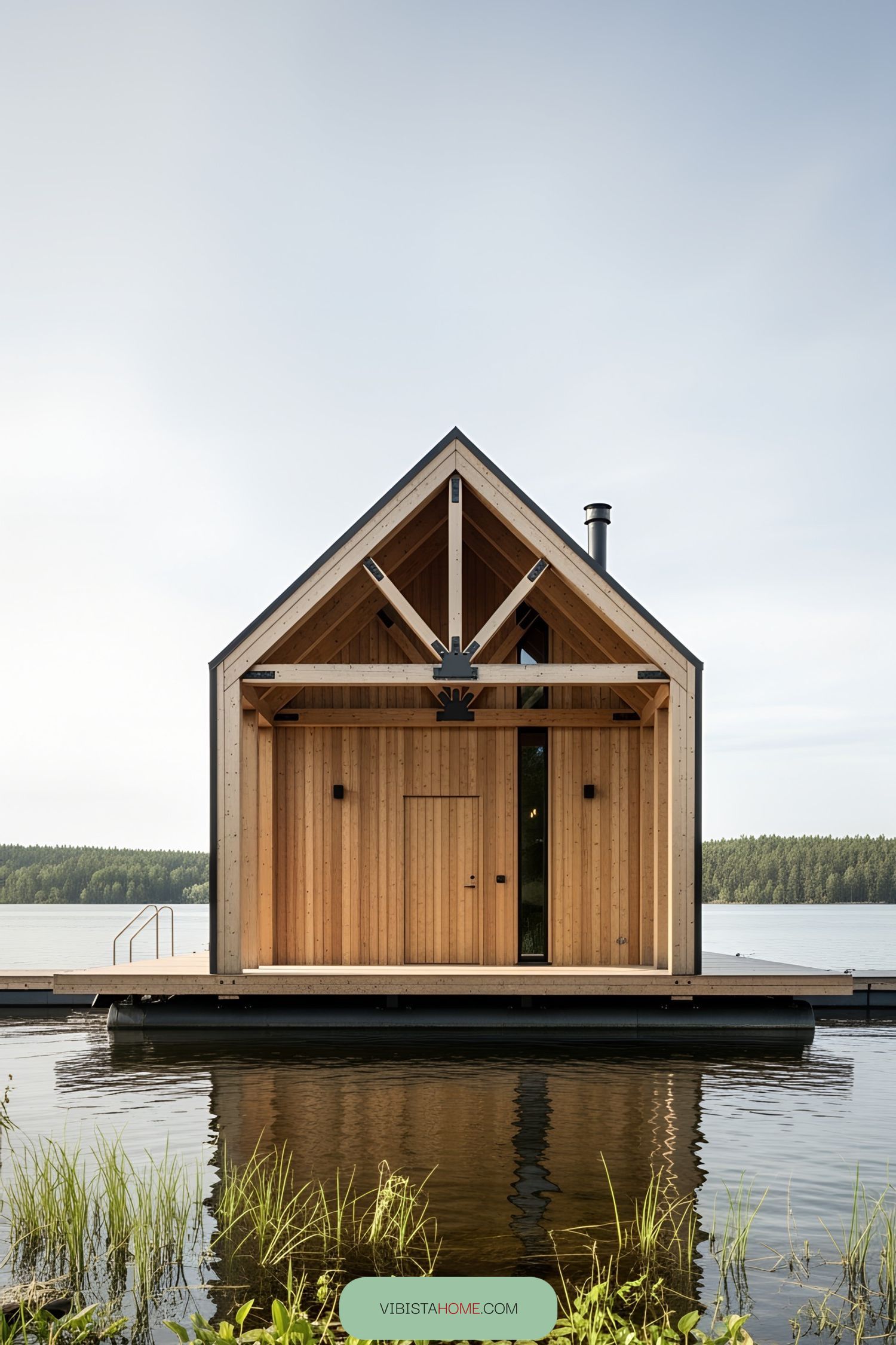 Wooden floating house with a triangular roof on a calm lake