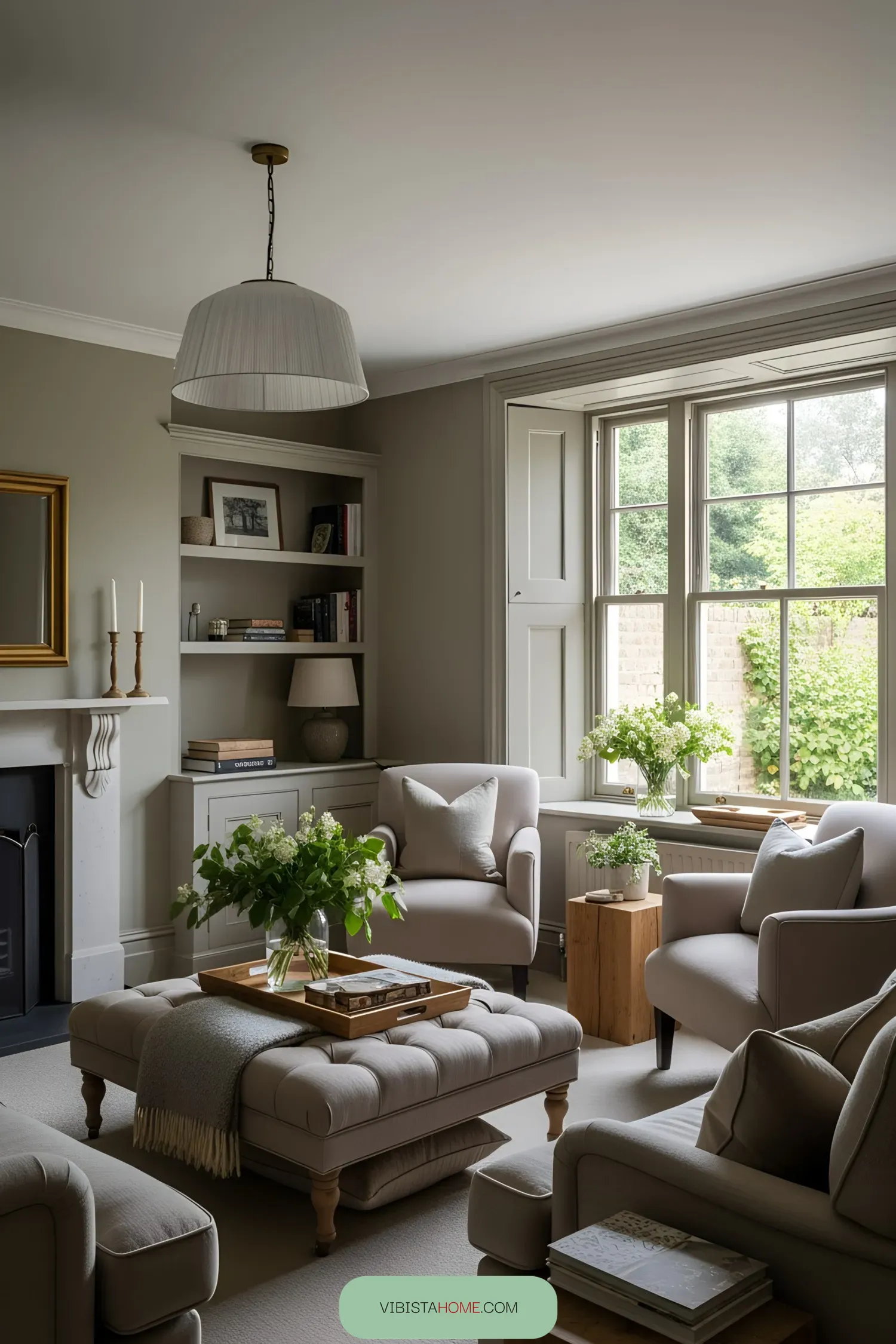 Sunlit room with cozy armchairs and a tufted ottoman