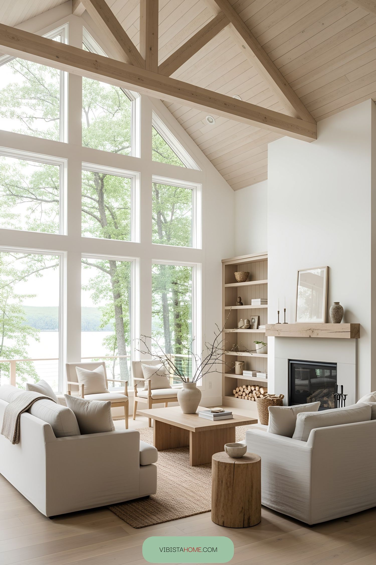 Stylish living room with large windows and cozy seating