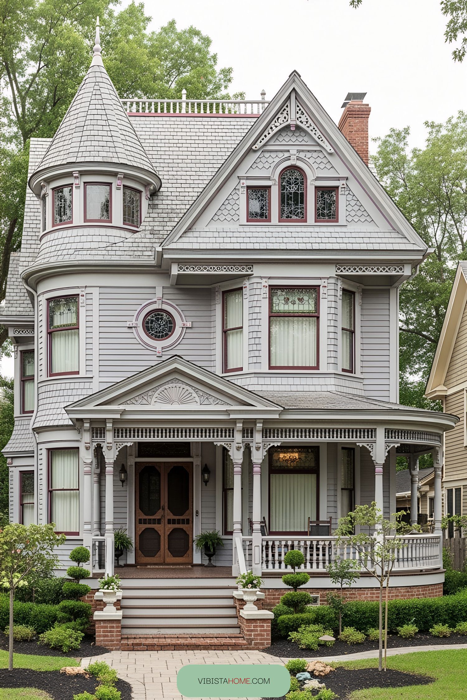 Victorian-style house with elaborate gables and a charming turret