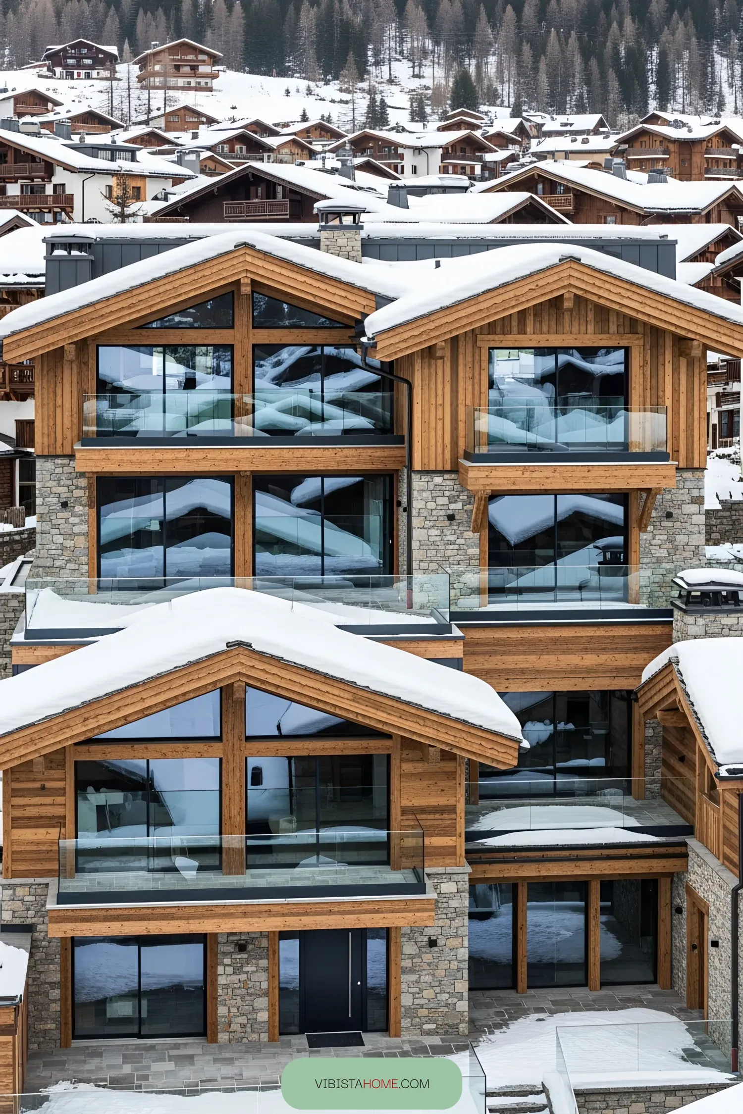 Luxurious chalet with wooden design and snow-covered roofs