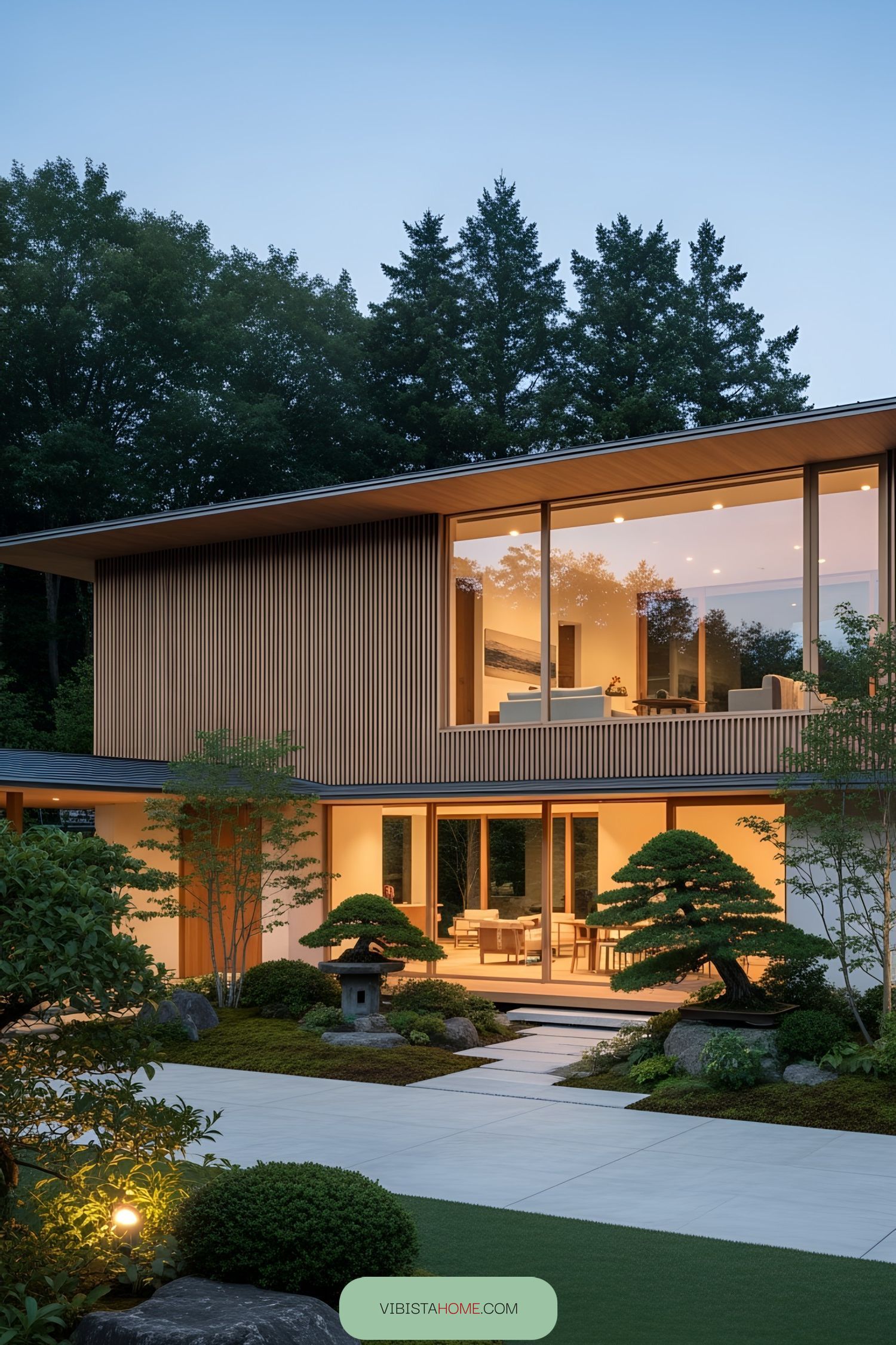 Luxurious modern house with large windows and a garden