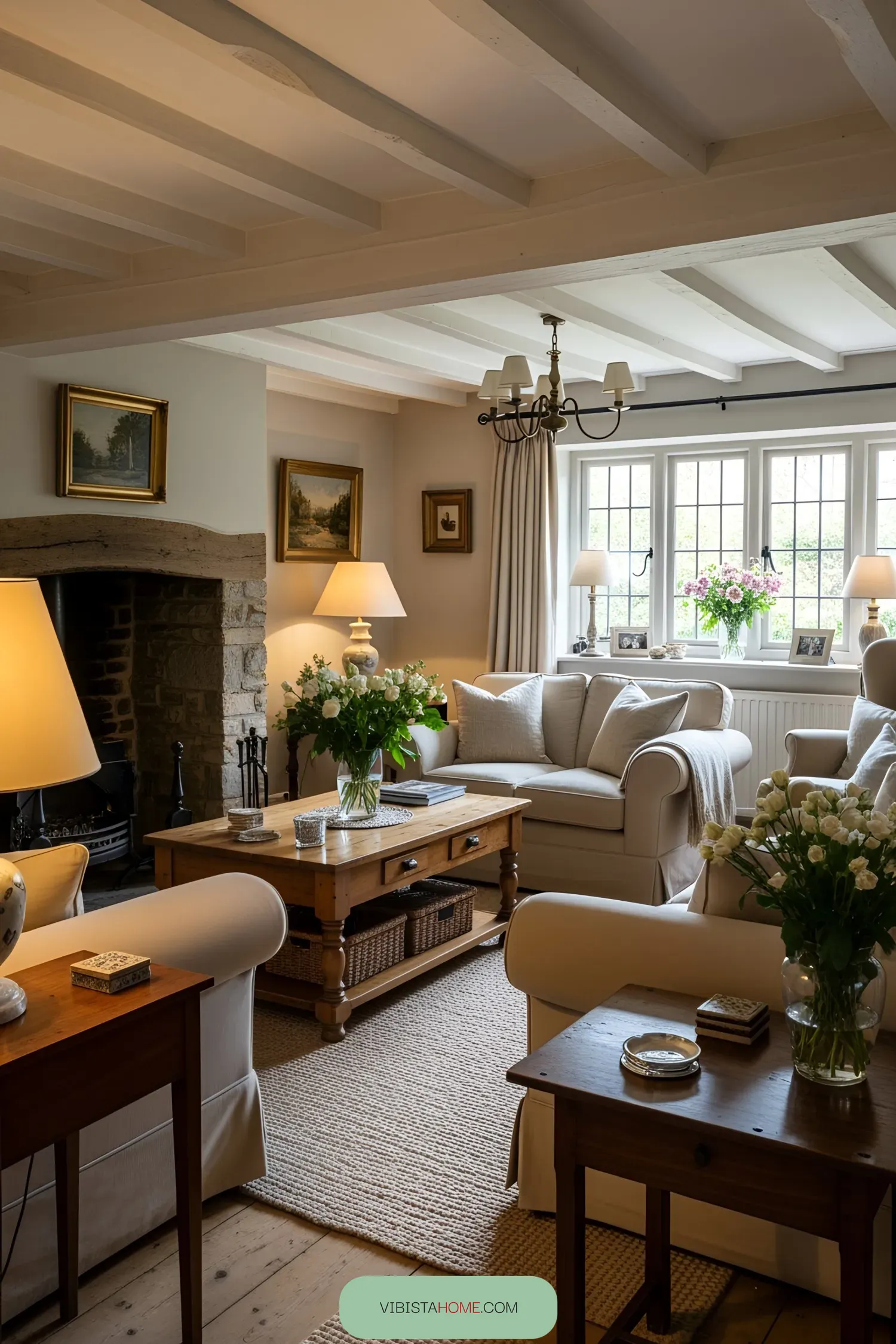 Cozy living room with sofas and a stone fireplace