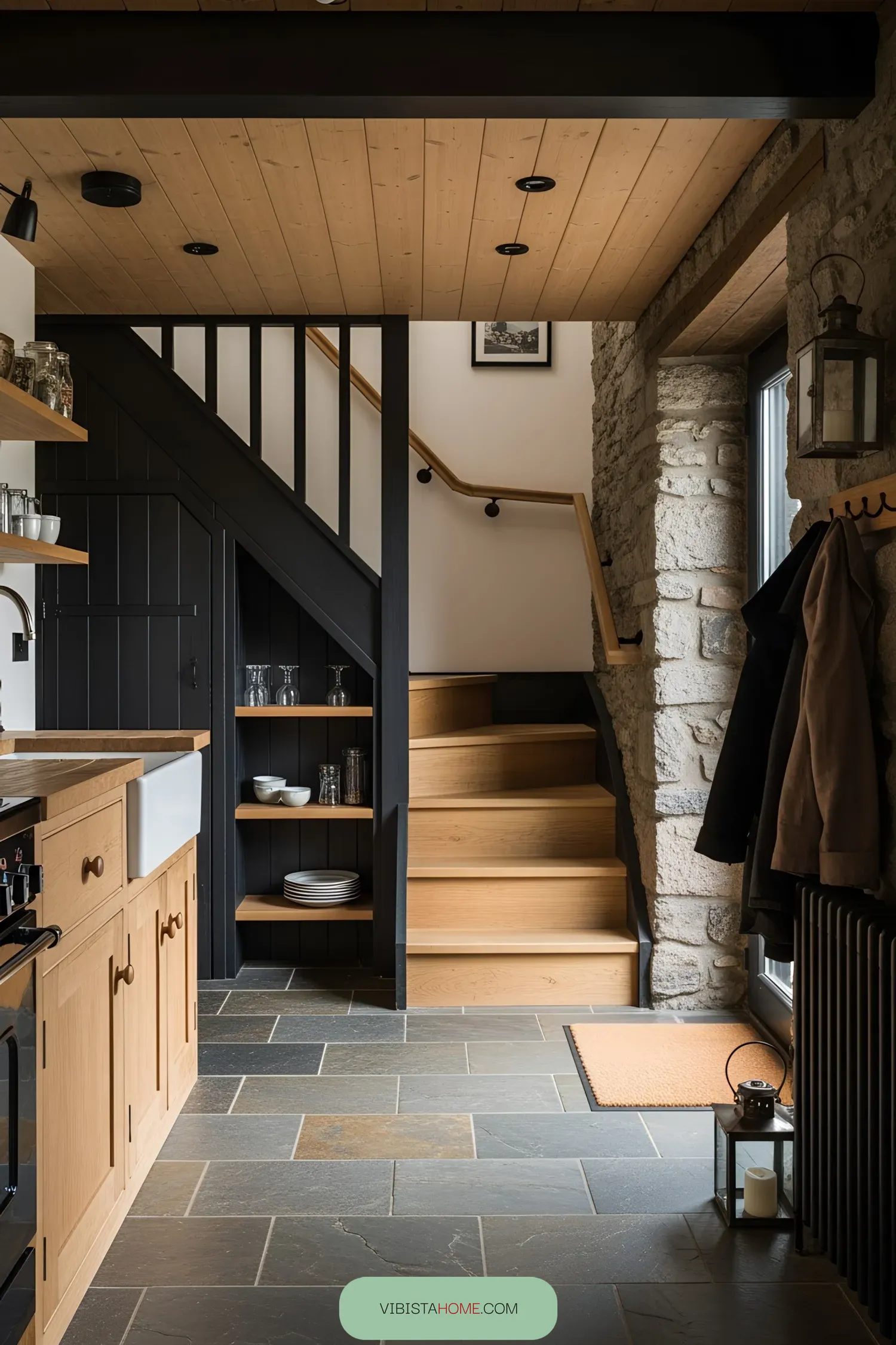 Rustic stone walls meet wooden stairs in a cozy Scottish cottage