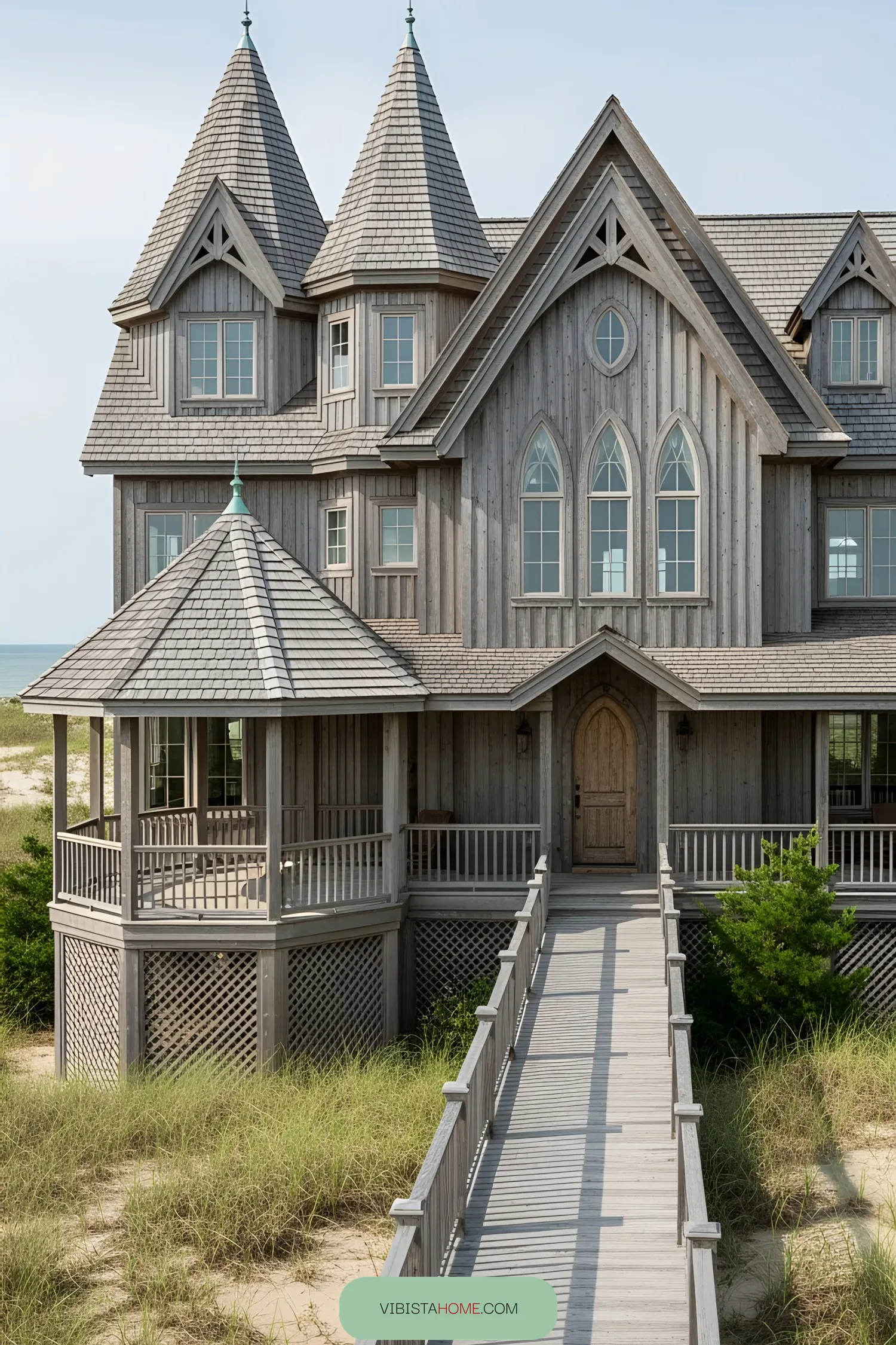 Gothic coastal house with turrets and wooden facade