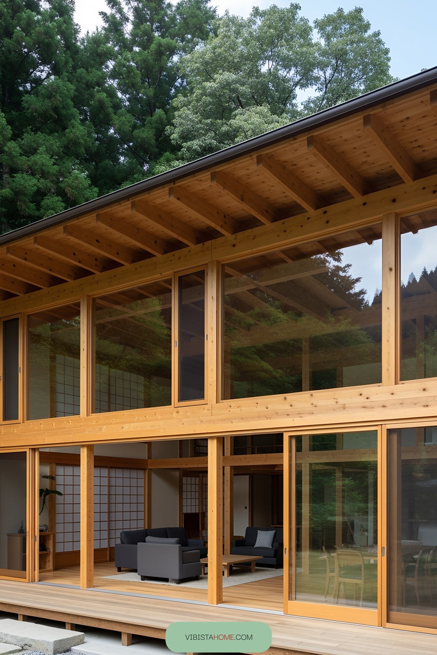 Contemporary wooden Japanese house with glass panels