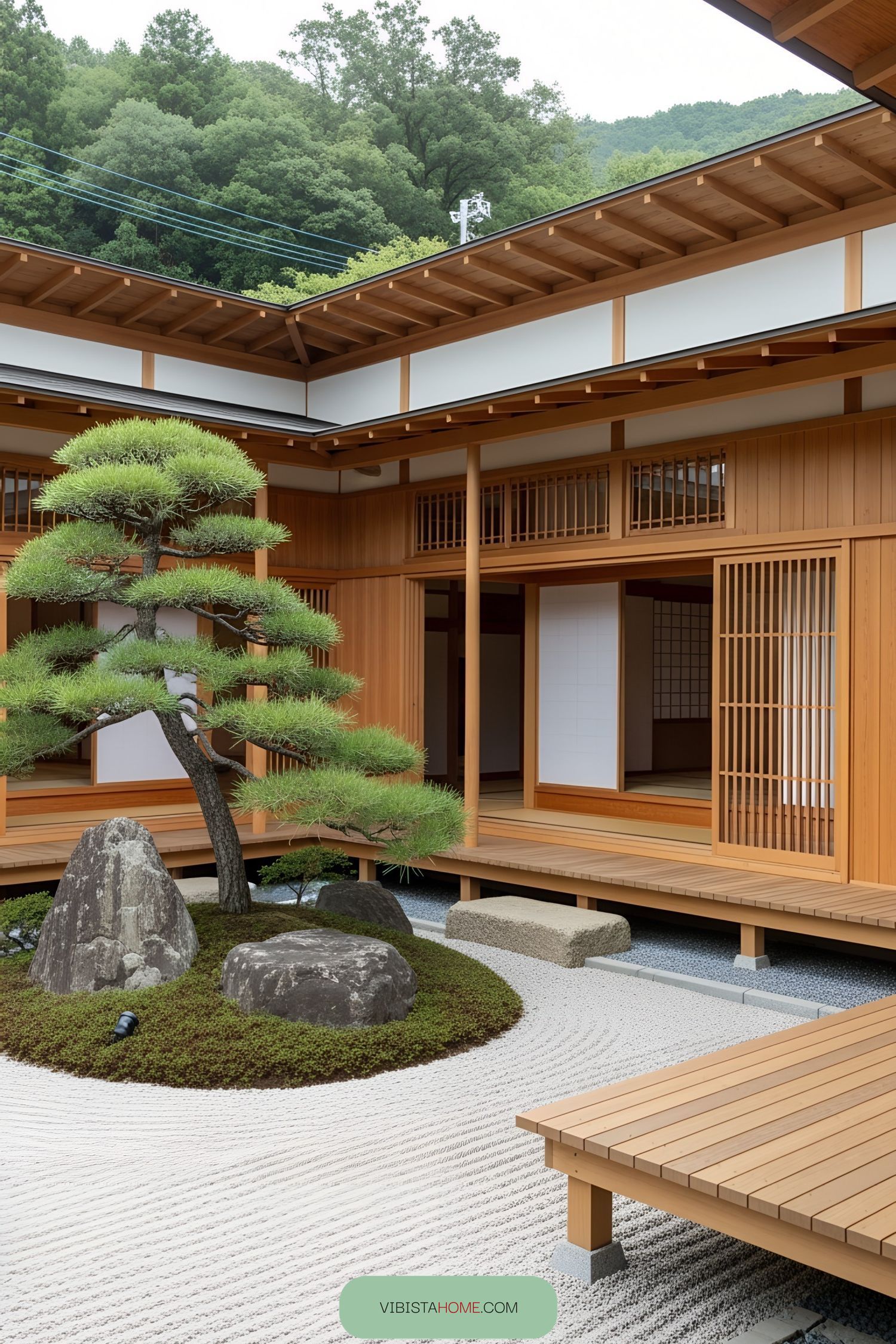 Japanese-style house with wooden sliding doors and manicured garden