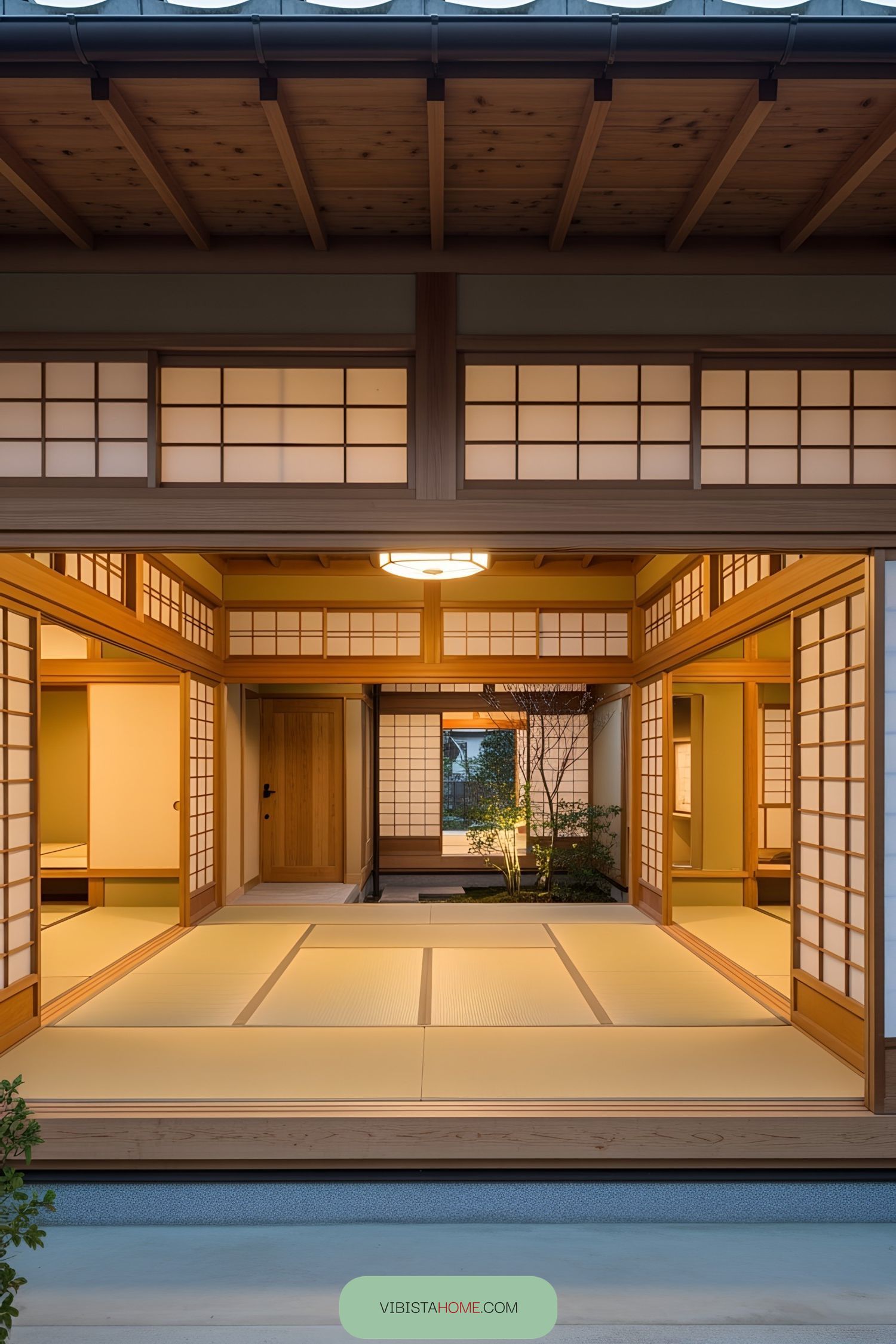 Spacious Japanese room with tatami mats and open shoji screens