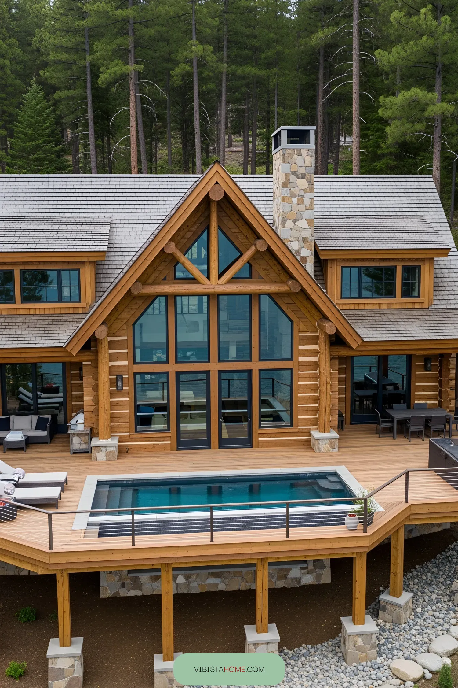 Charming wooden lake house with a pool and forest backdrop