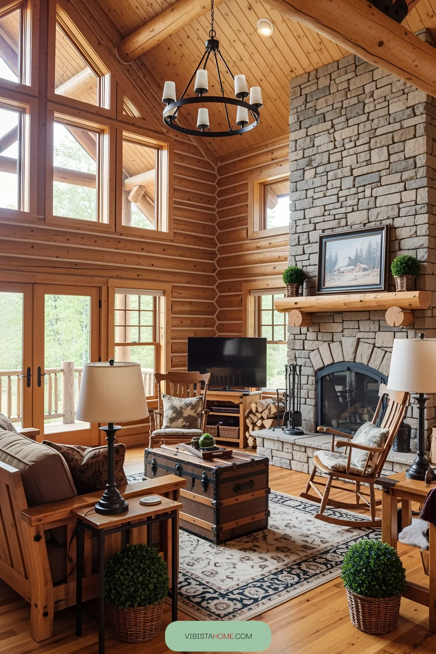 Cozy log cabin living room with a stone fireplace, wooden furniture, and large windows