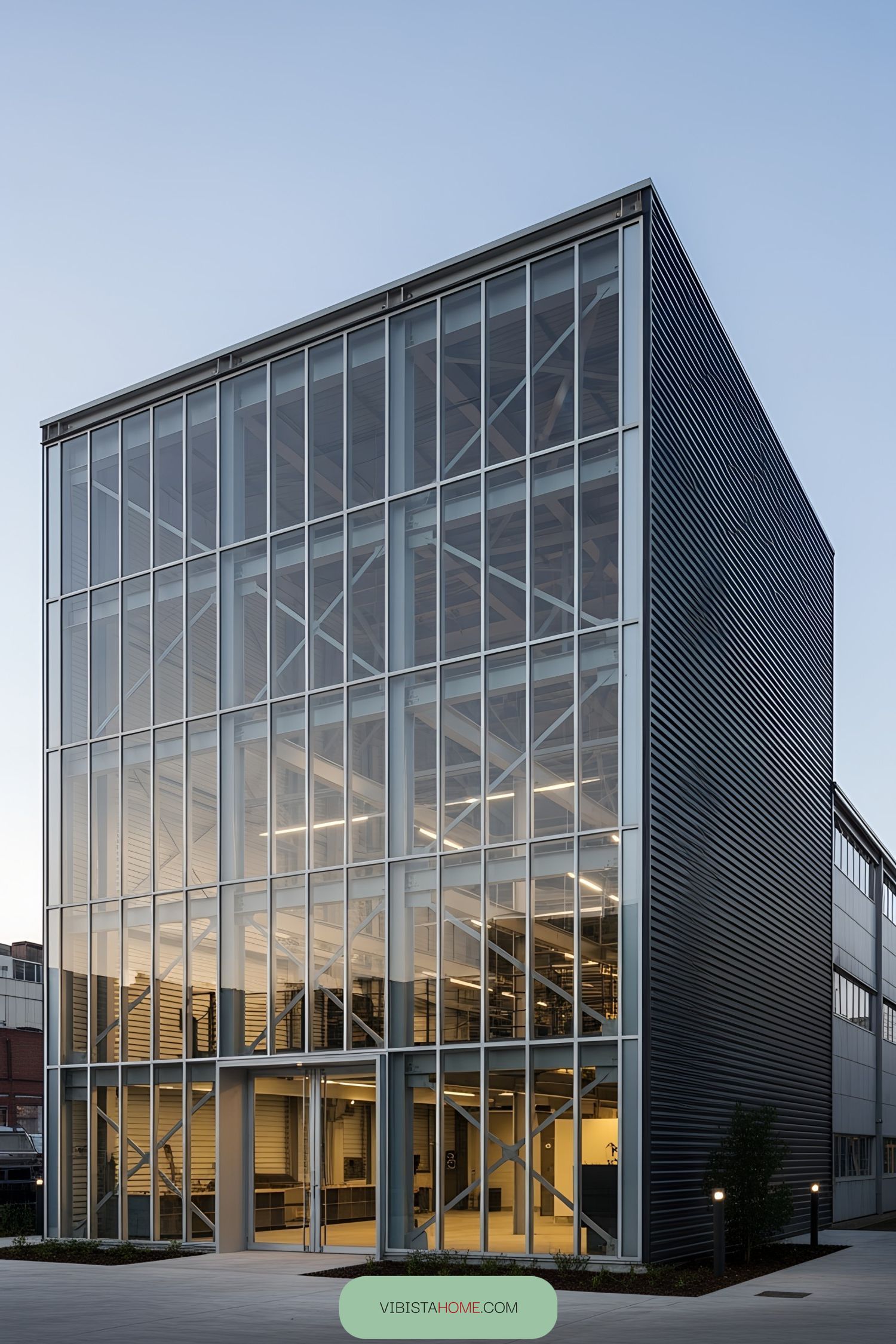 Large glass facade with visible frameworks in an industrial setting