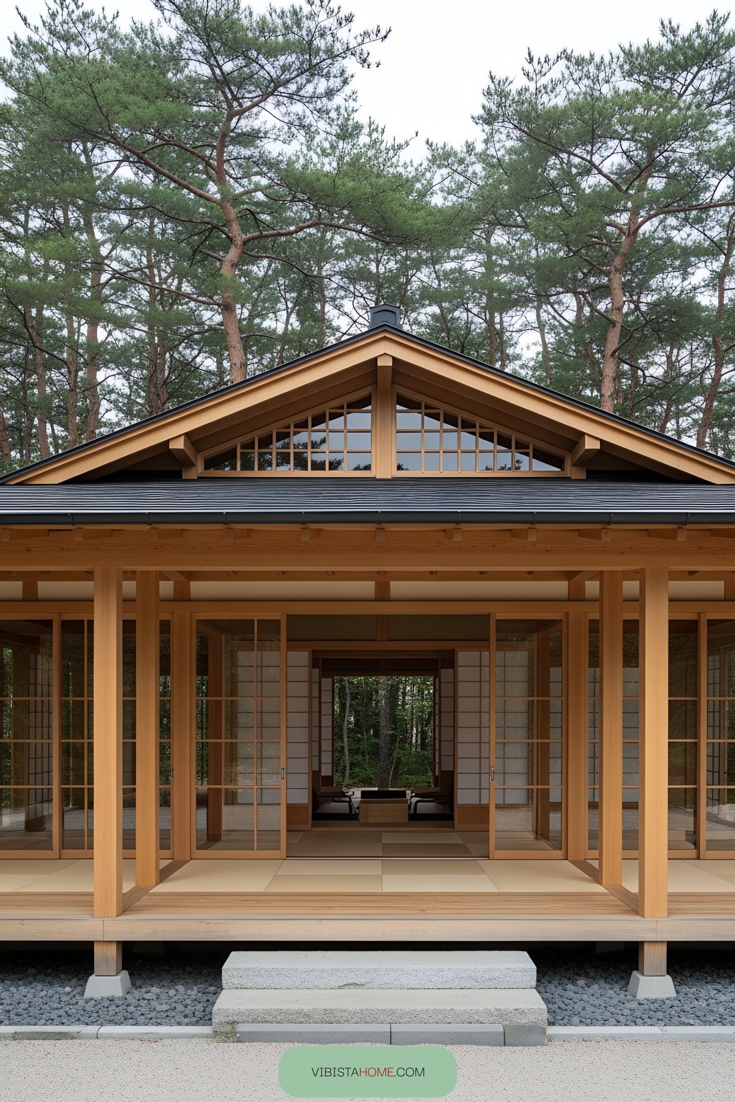 Traditional Japanese home with wooden elements surrounded by trees
