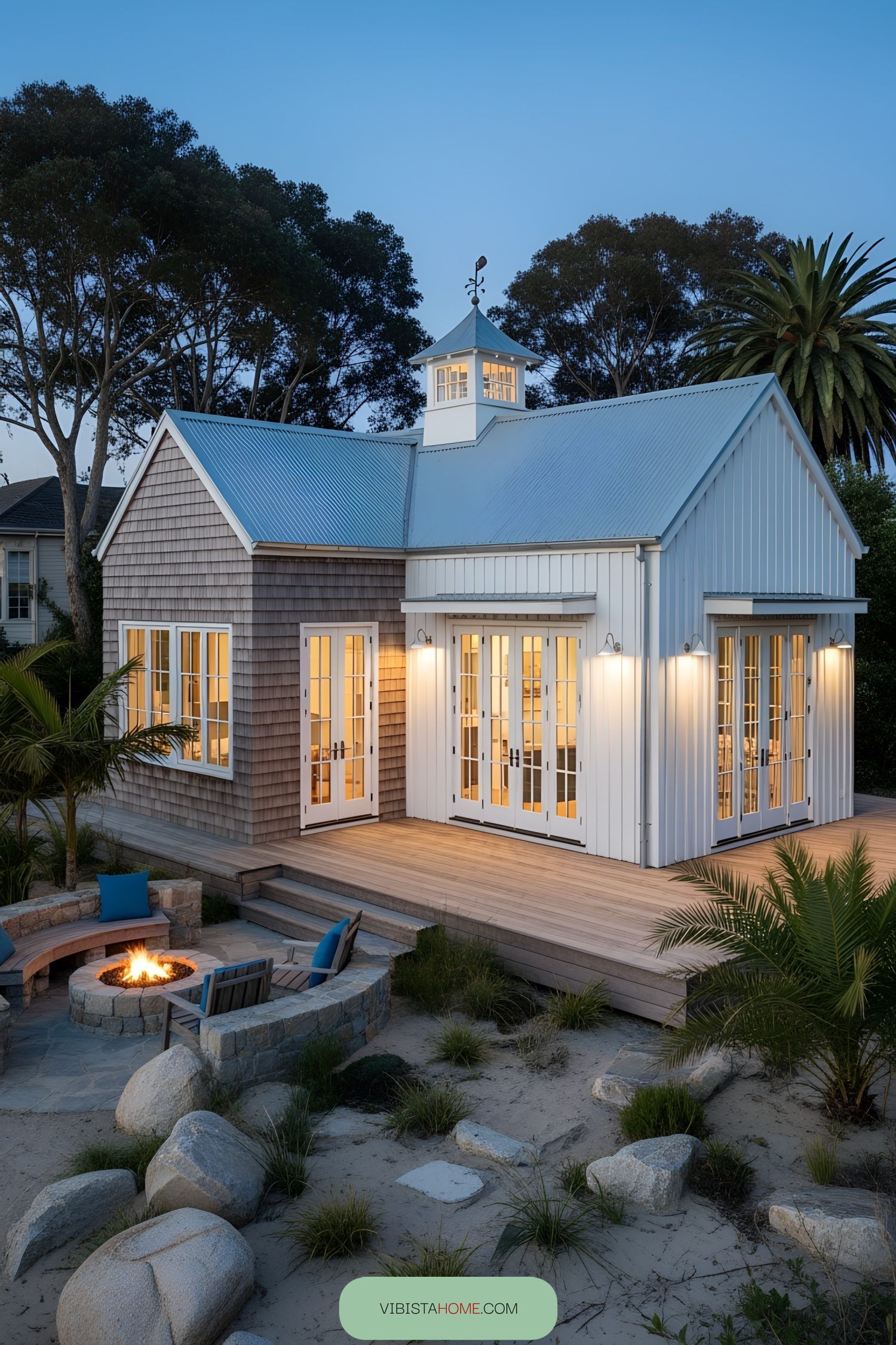 Rustic beach house with cozy fire pit and wooden deck