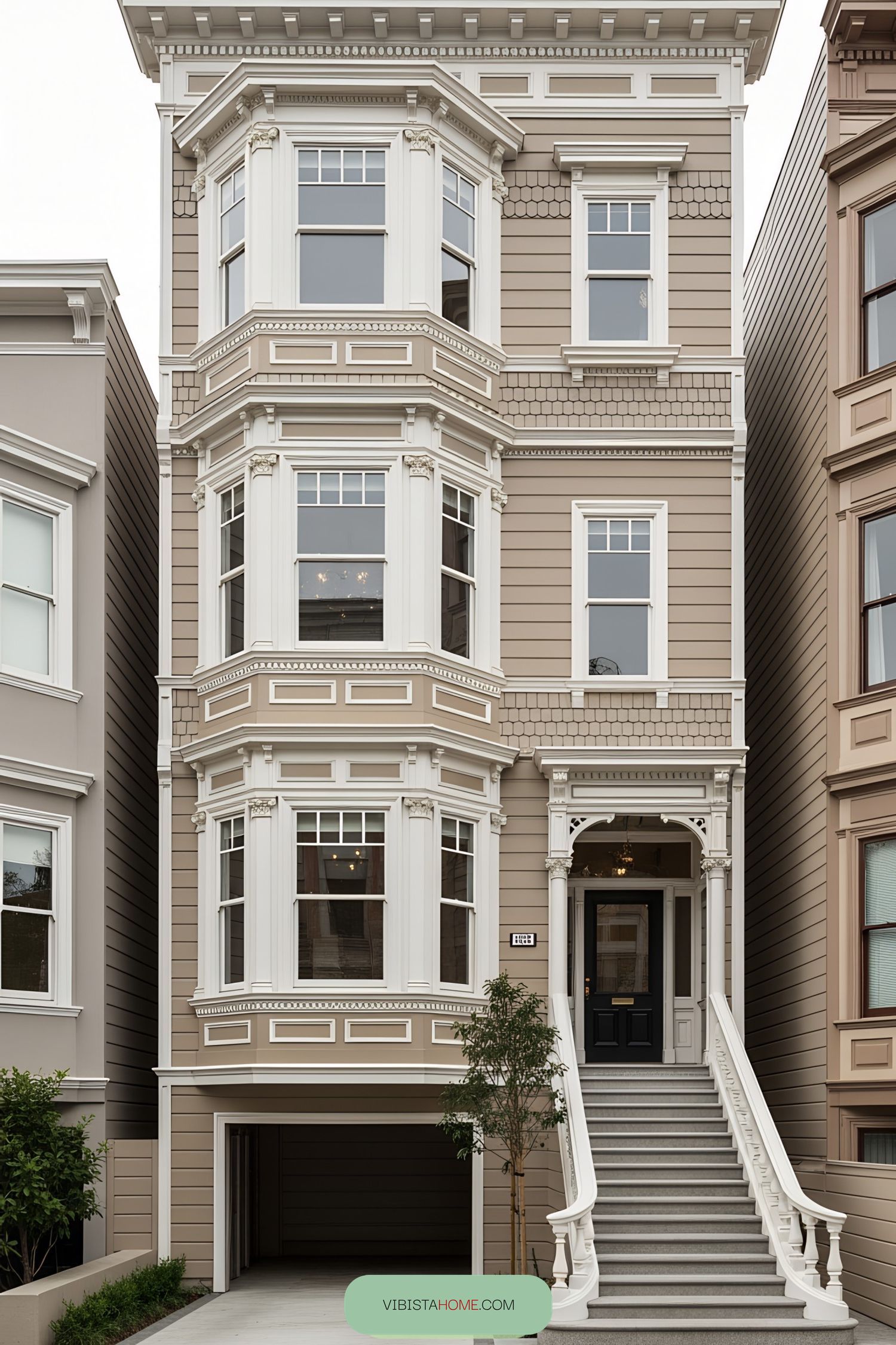 Victorian-style villa with intricate details and large windows