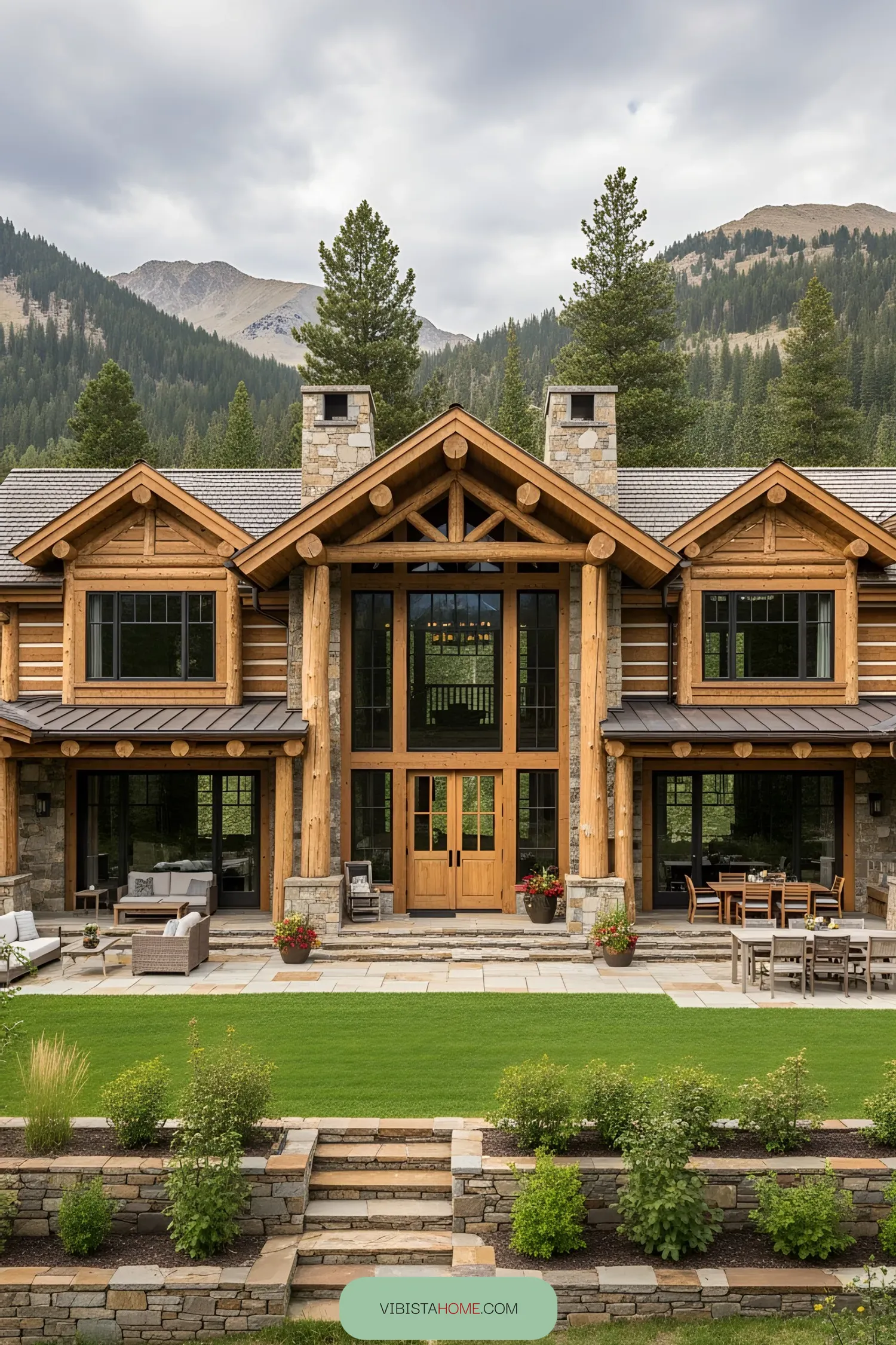 A cozy lodge blends seamlessly with mountain scenery