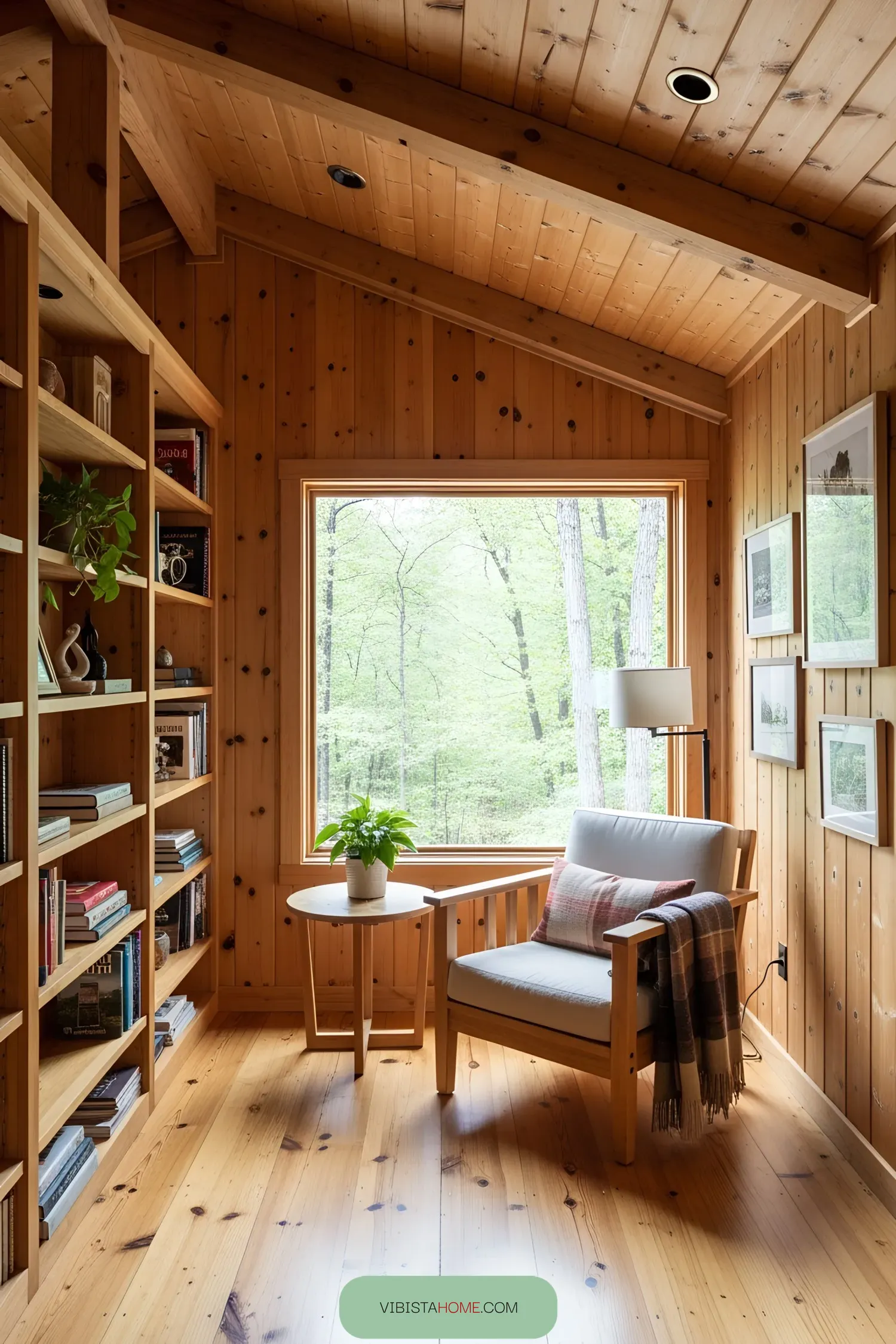 Cozy reading nook with a view of the woods