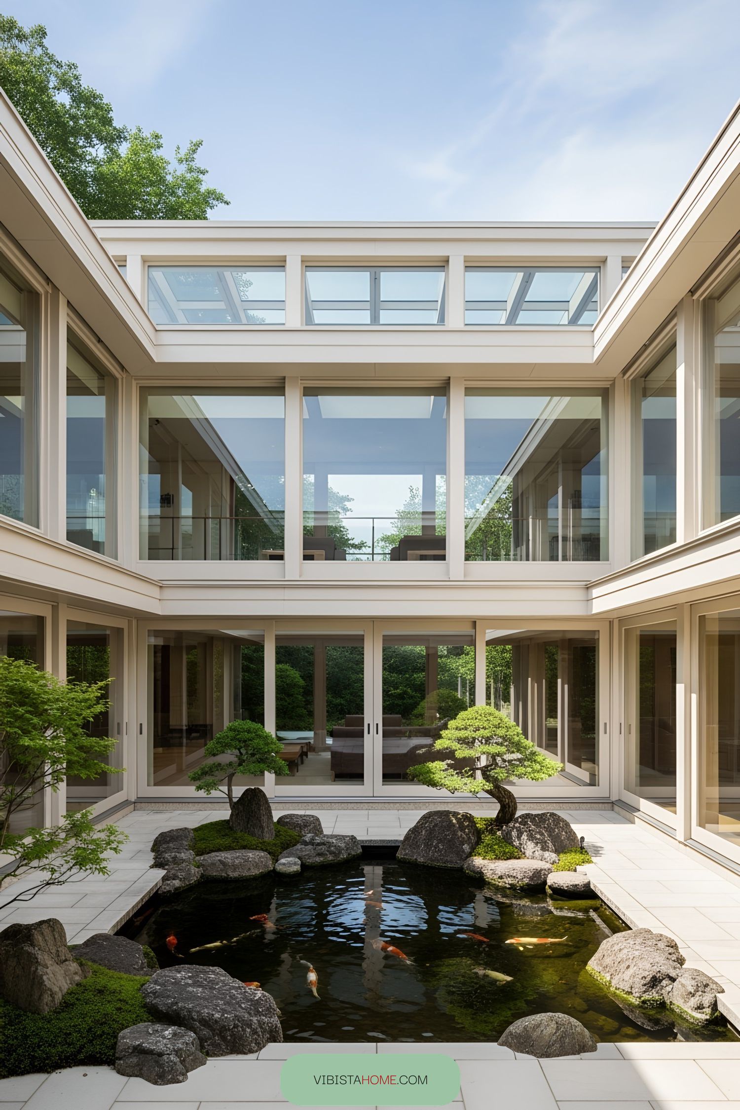 Modern Japanese house with a koi pond