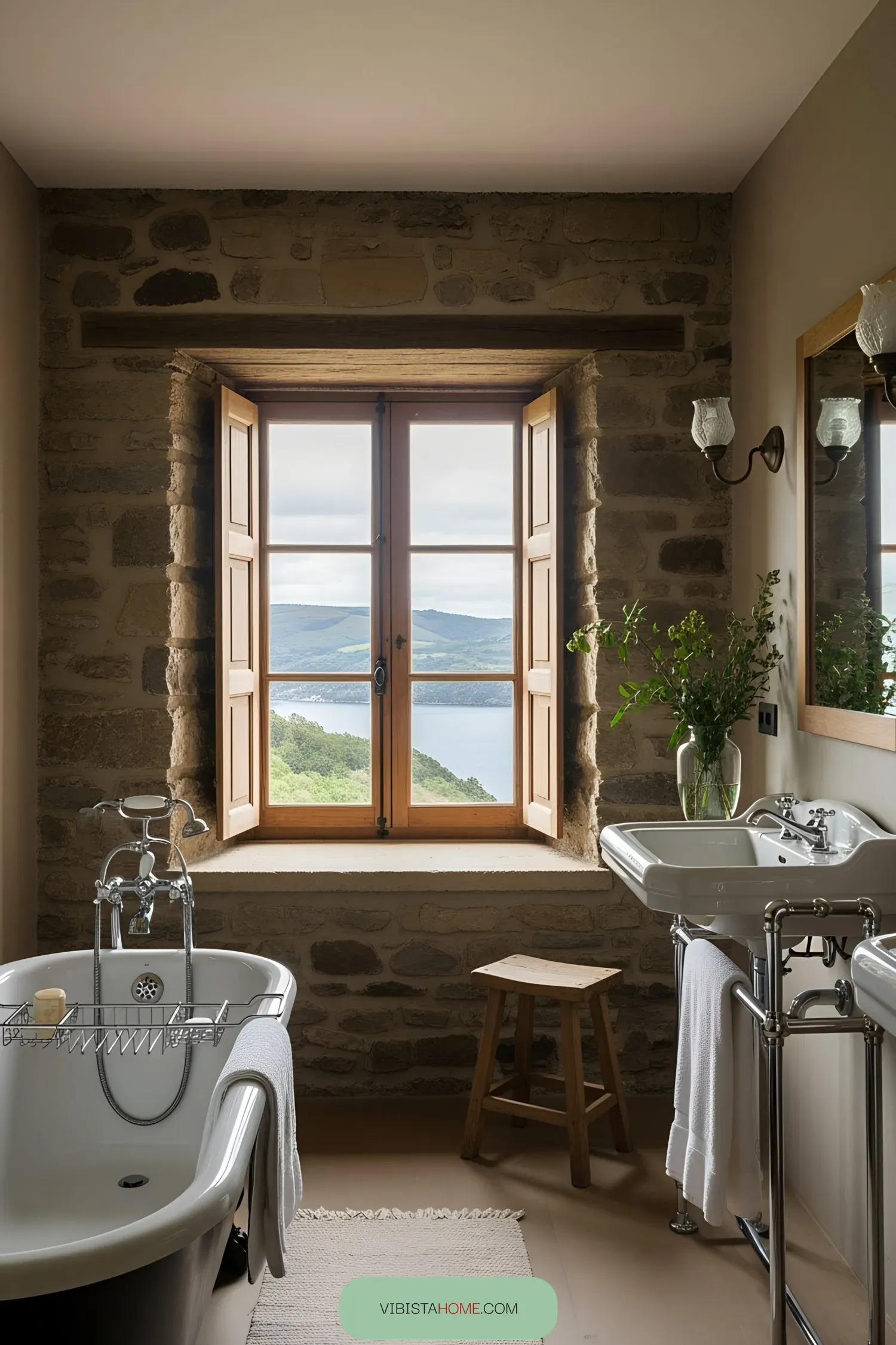 Rustic bathroom with a scenic view through a wooden window