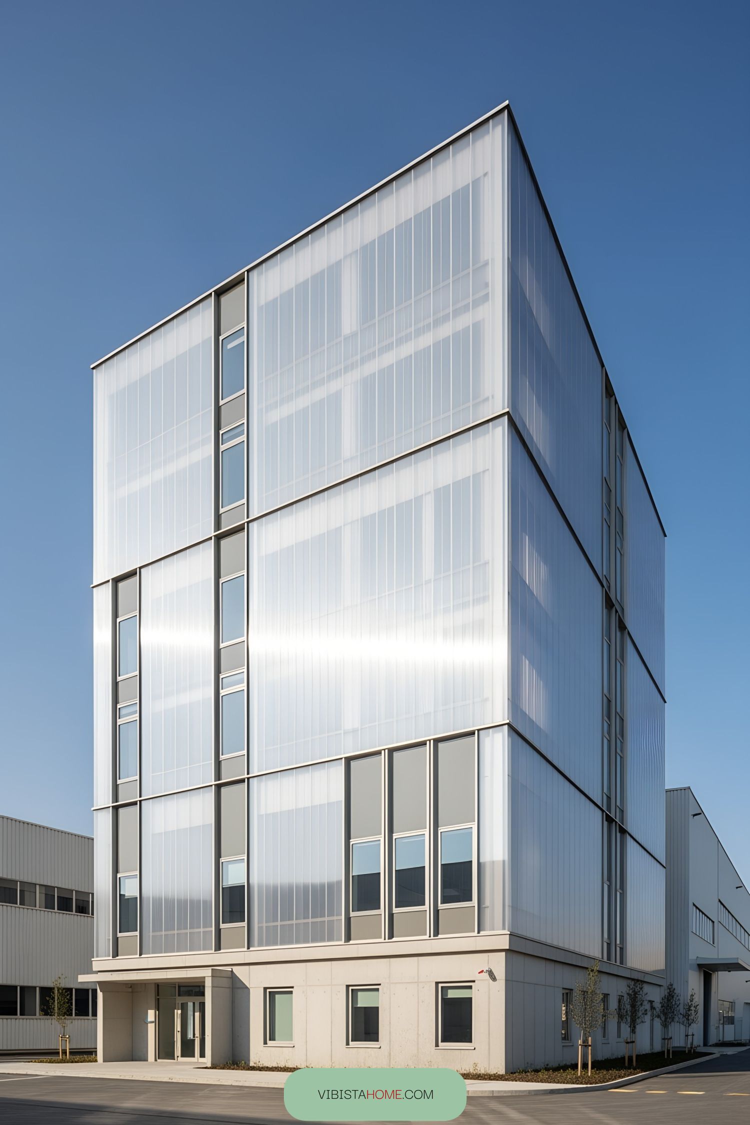 Modern industrial building with sleek, translucent facade