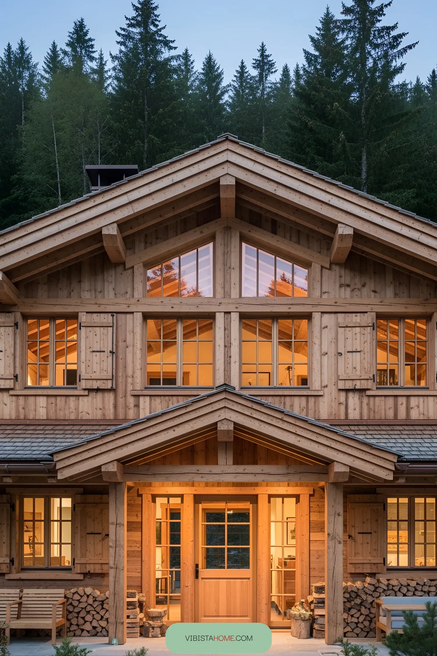 Rustic wooden chalet with warm lighting against a forest backdrop