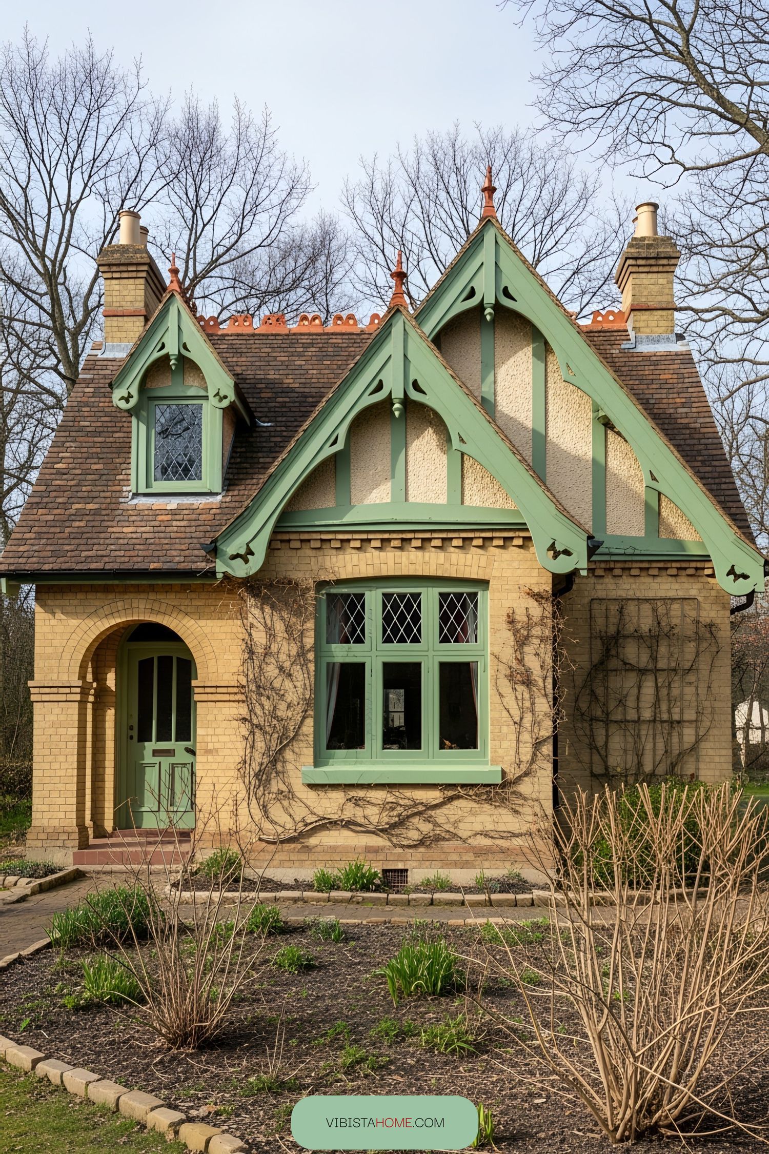 Charming Victorian cottage with green trim and brickwork
