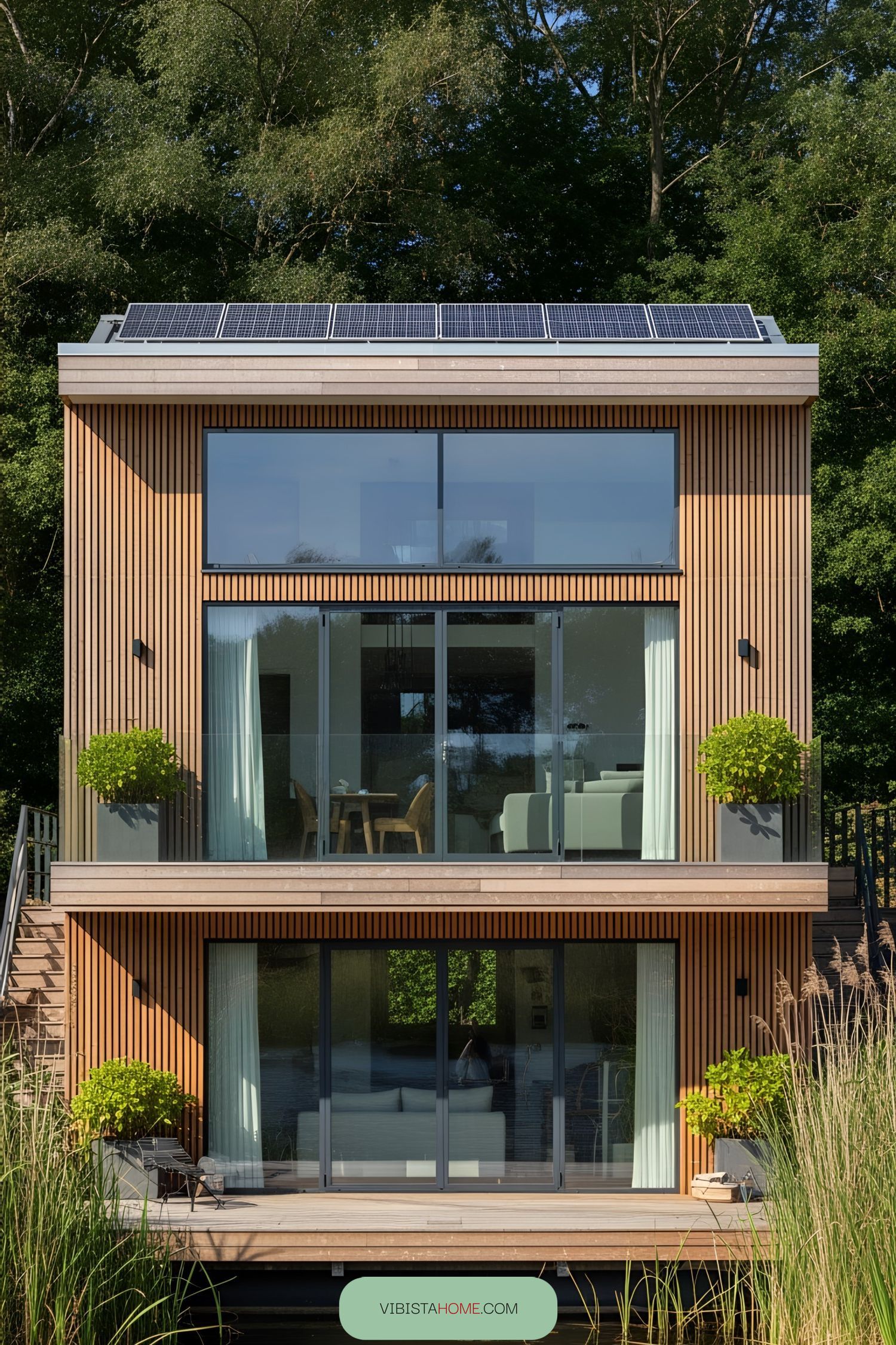 Modern floating house with solar panels and glass front