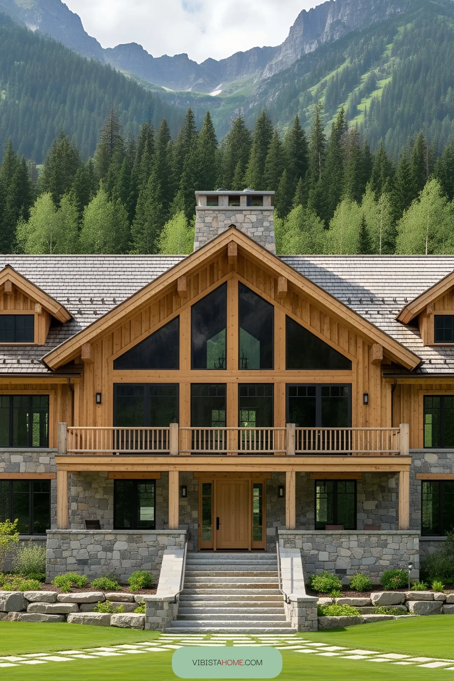 Rustic lodge with mountain backdrop