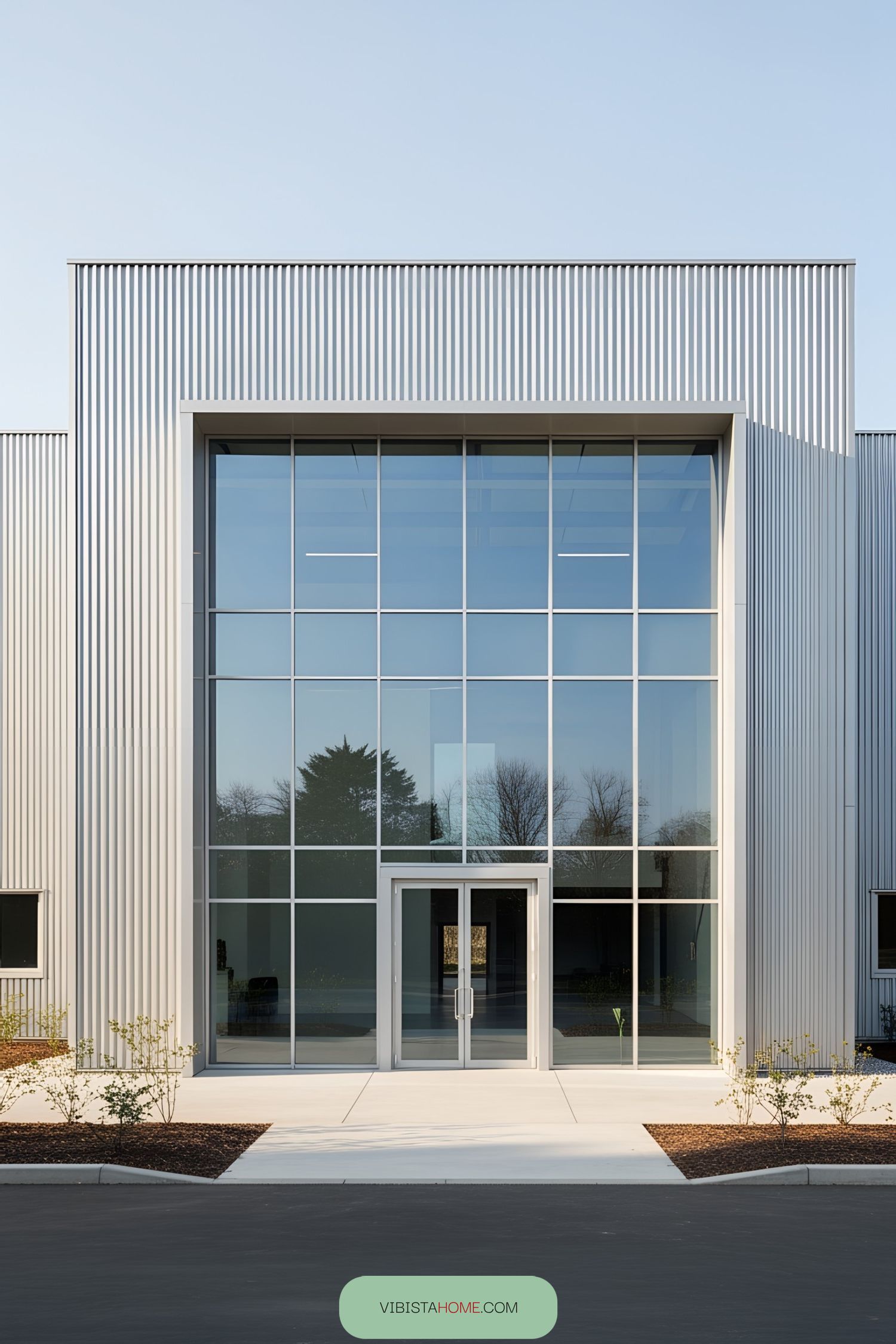 Modern industrial building with large glass facade and metal elements