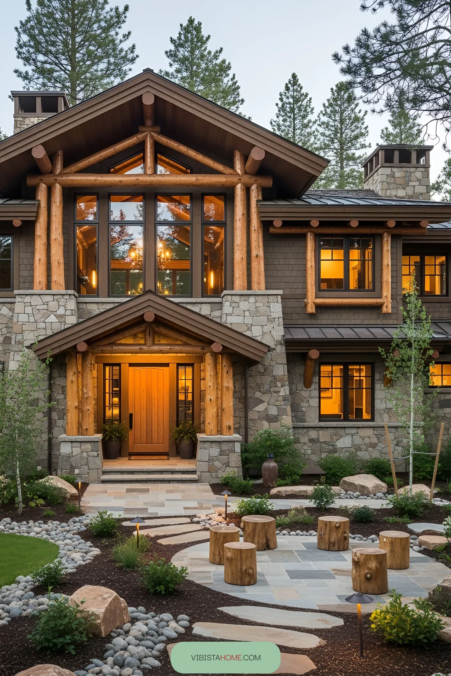 Rustic mountain lodge with wooden accents and stone elements