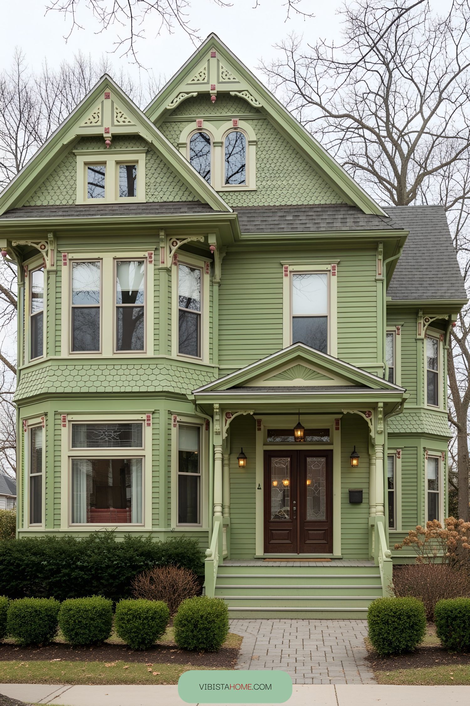 Green Victorian house with intricate details