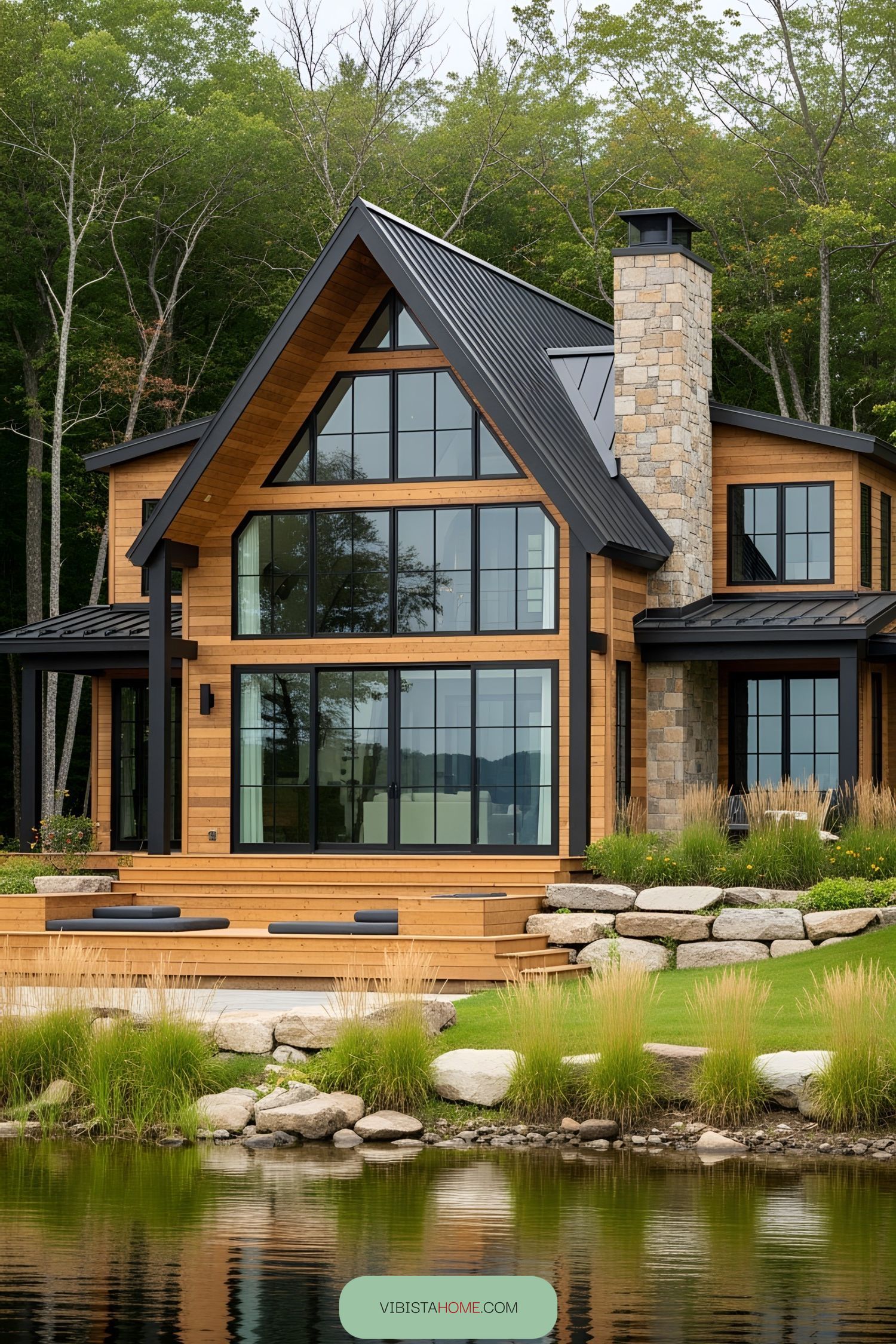 Rustic house with large windows near a pond