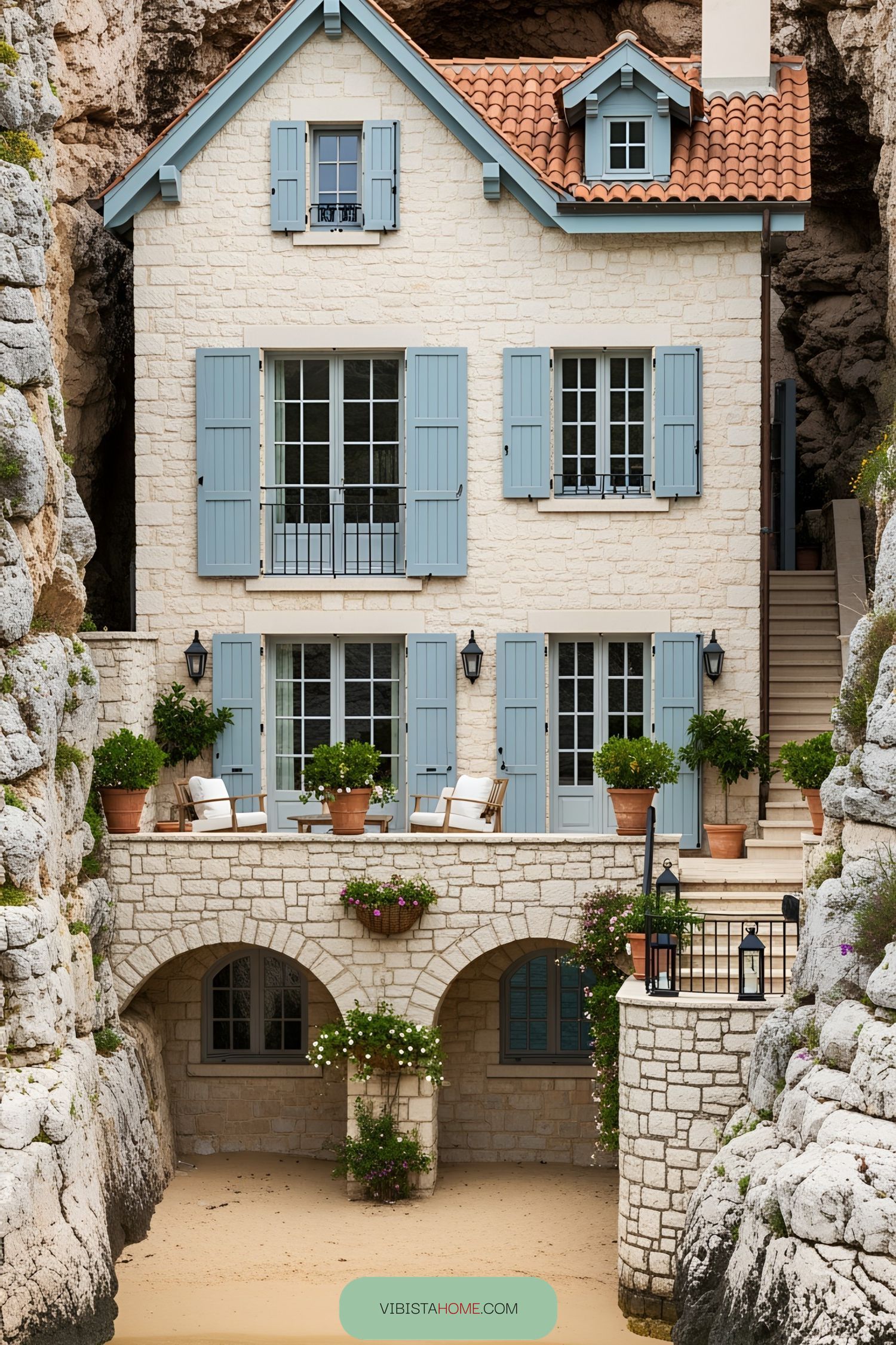Charming stone house with blue shutters nestled between rocky cliffs