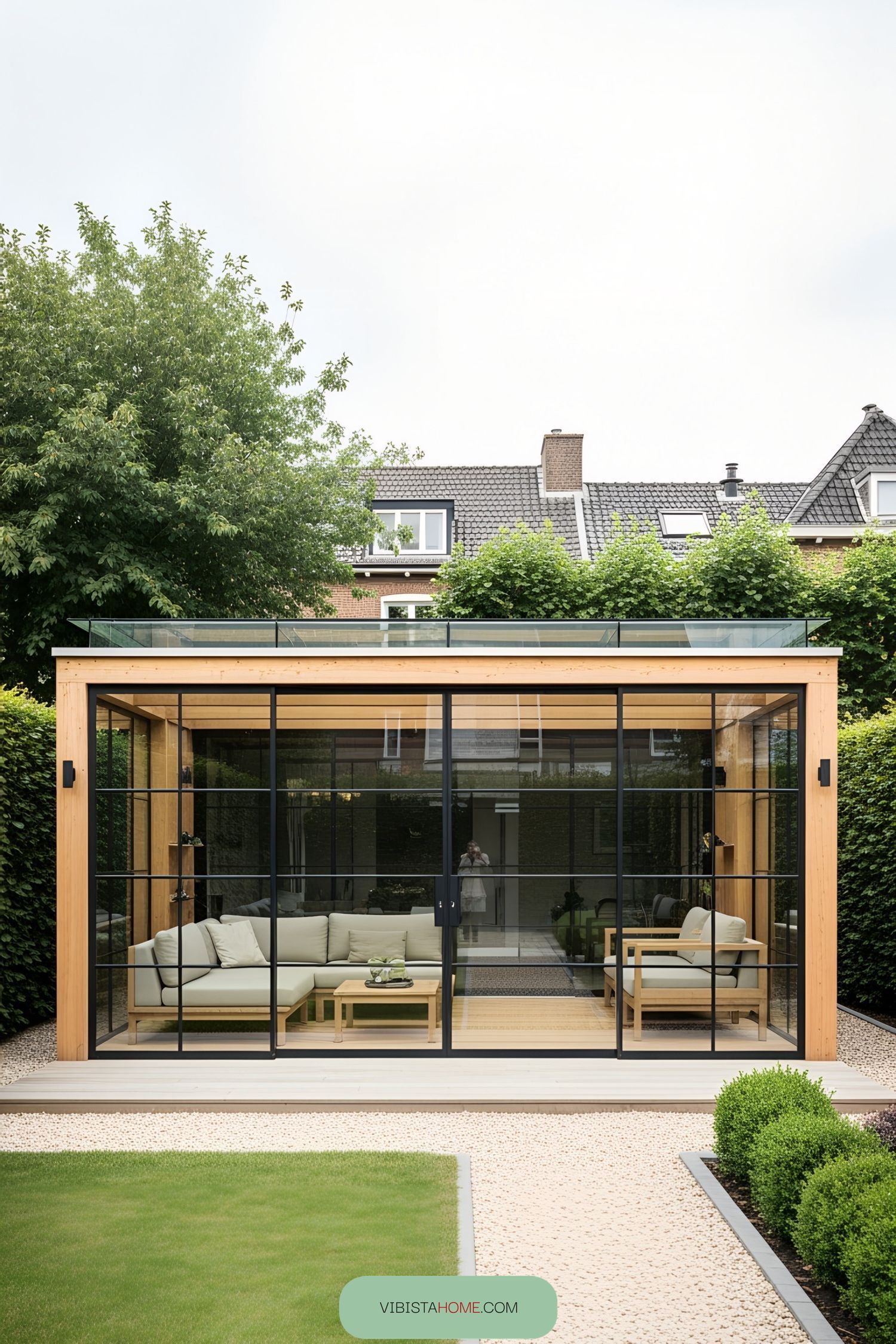 Modern glass terrace with comfortable seating