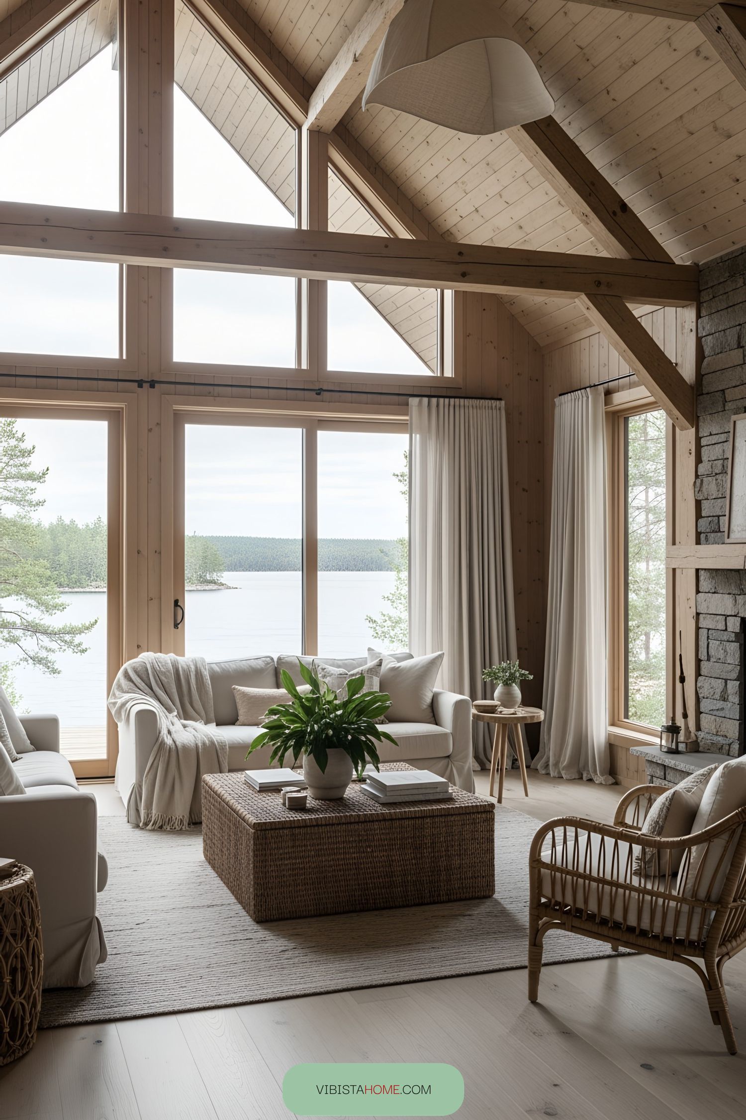 Bright living area with large windows showcasing lake view