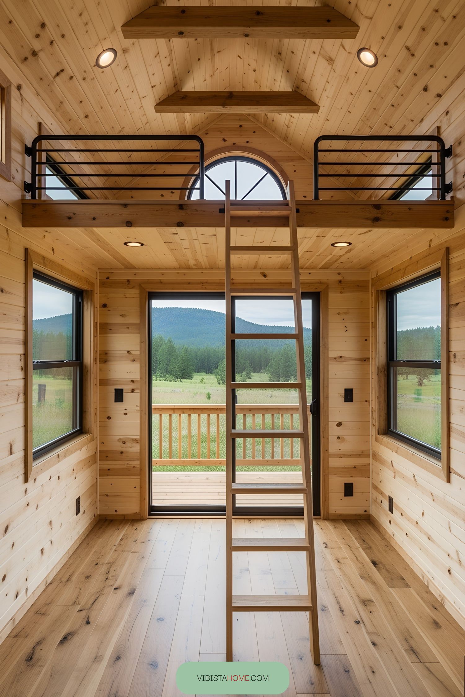 Tiny house interior with loft ladder