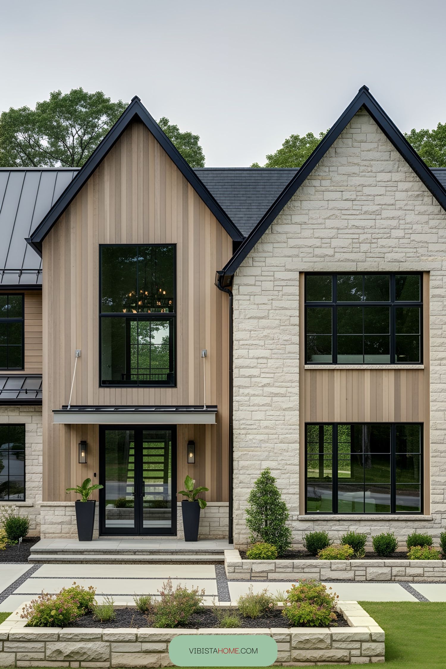 Modern rustic house with stone and wood facade