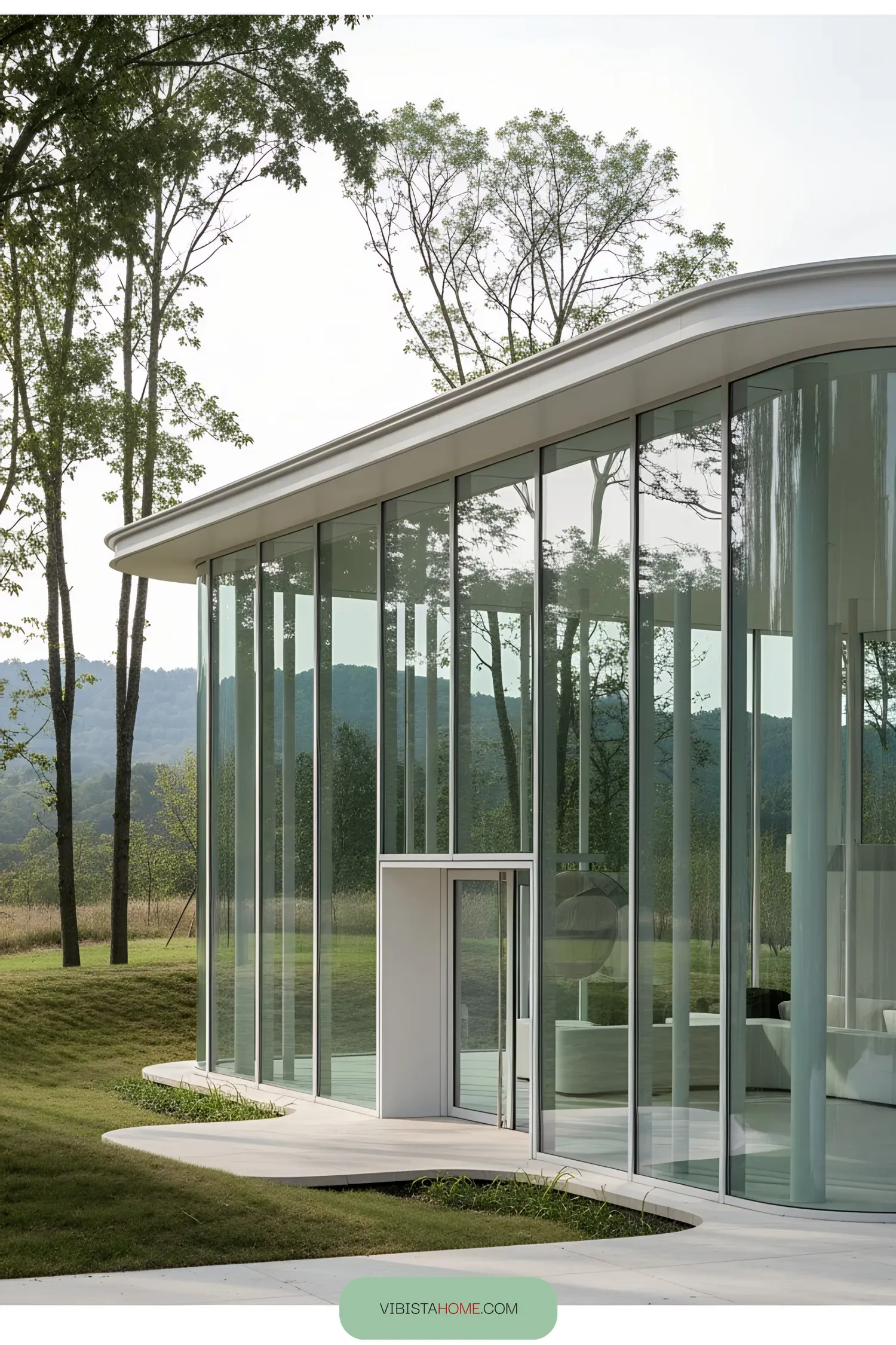 Modern pavilion with large glass windows in a natural setting