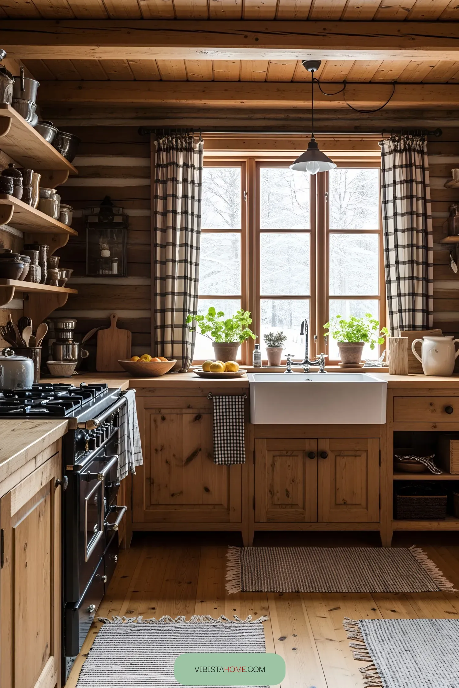 A charming log cabin kitchen with wooden cabinets and plants by the window