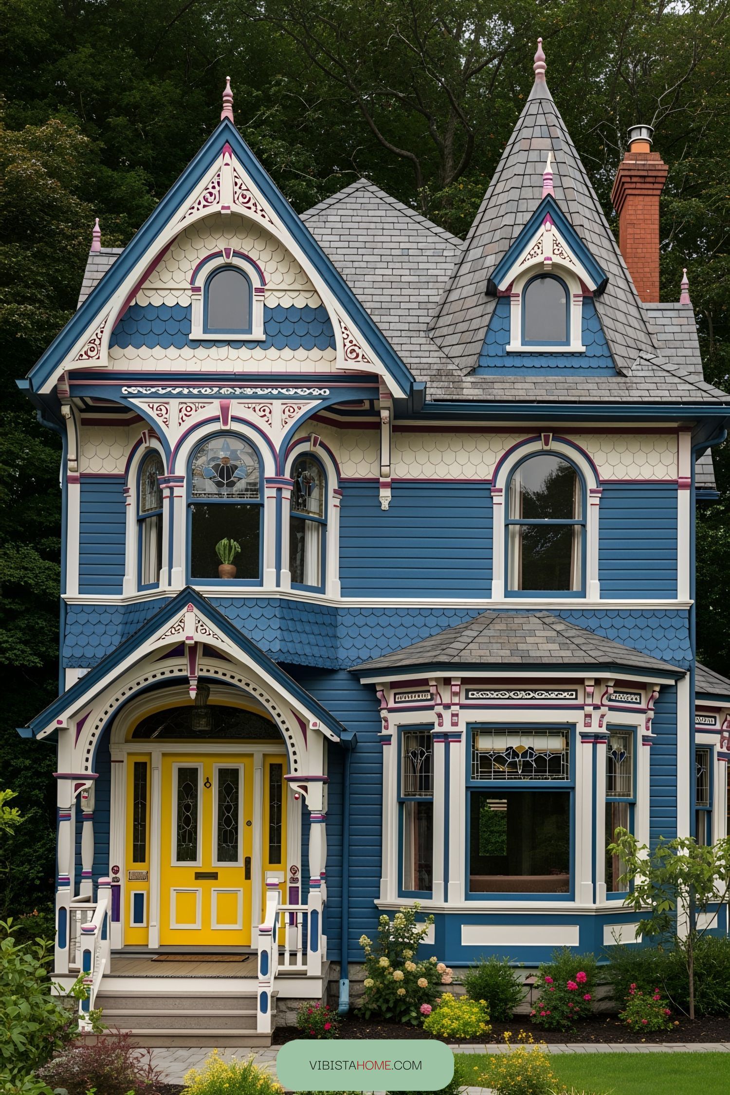A vibrant Victorian house with intricate details and a colorful facade